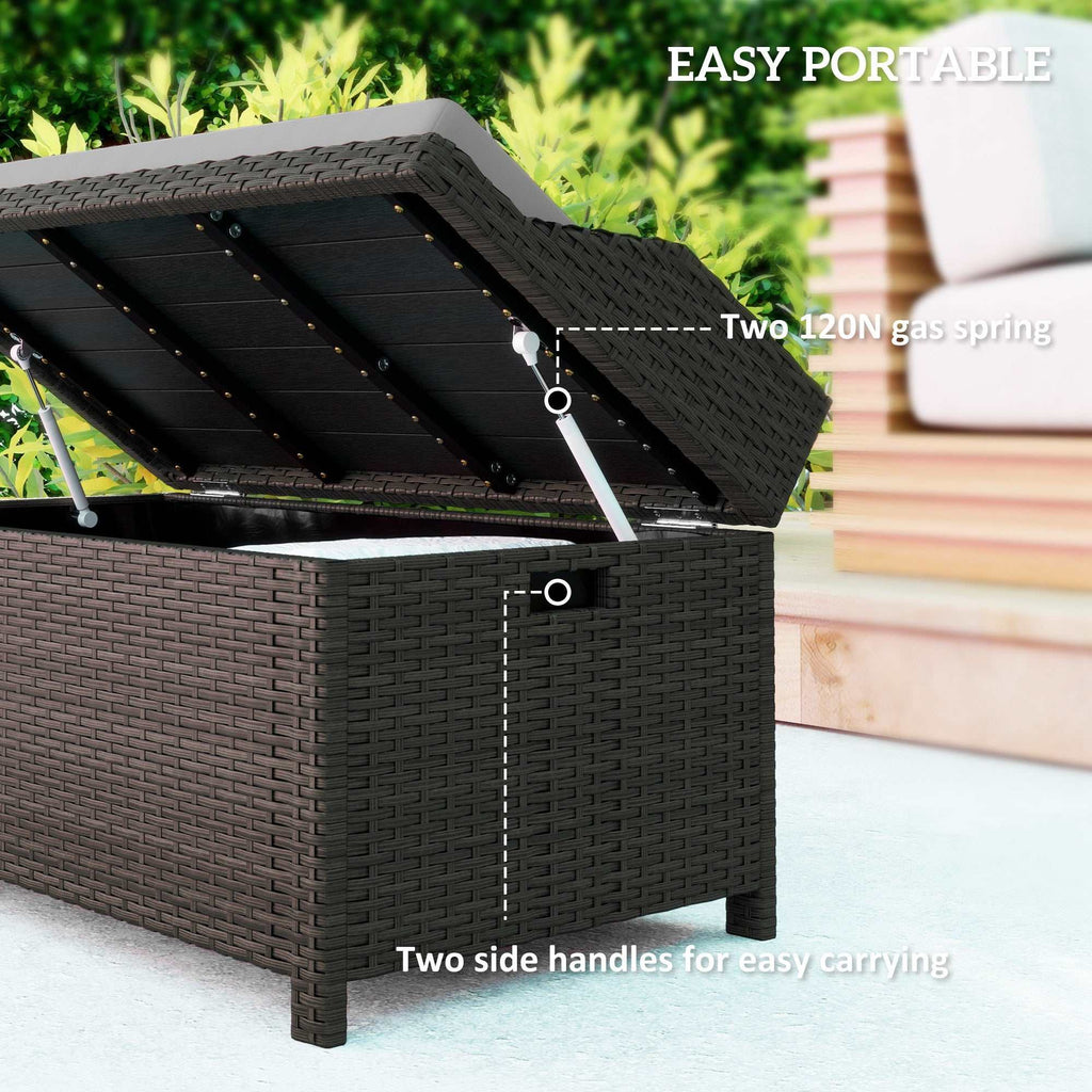 Gray cushioned outdoor wicker storage bench with hidden storage and aluminum frame
