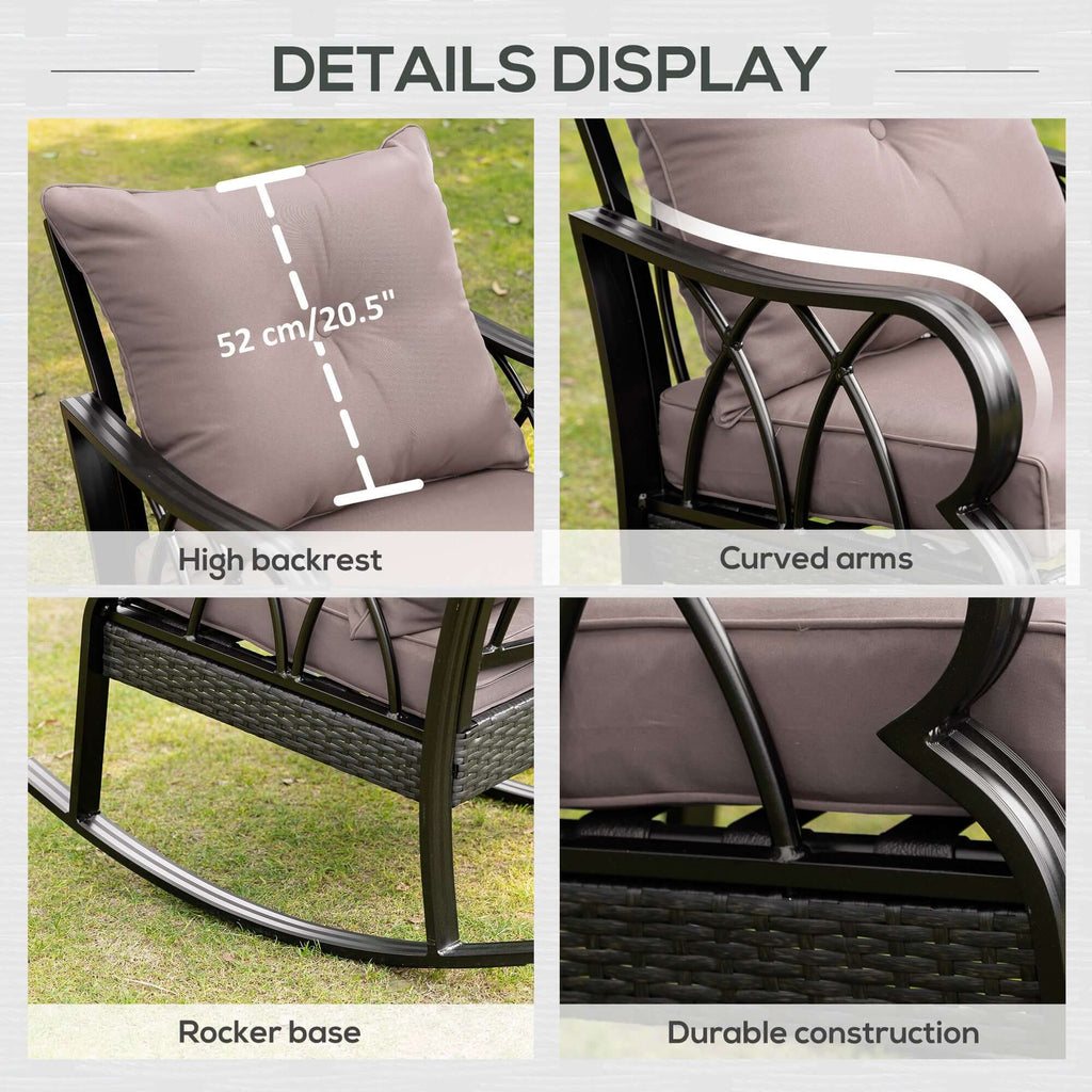 Gray outdoor wicker rocking chair with padded cushions and aluminum frame for patio and garden use