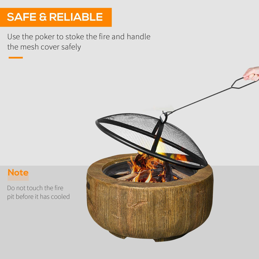 Light brown 24-inch outdoor fire pit with woodgrain design, spark cover, and poker for patio and backyard use