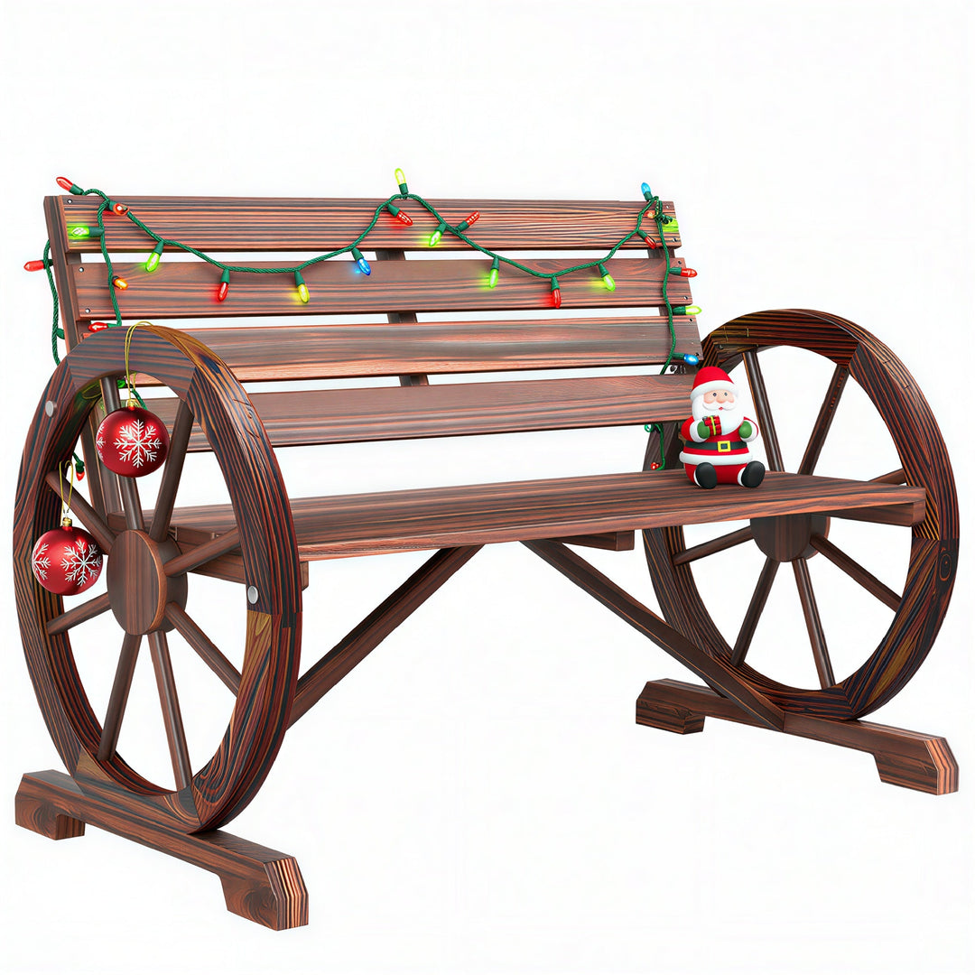 41" wooden wagon wheel bench with rustic carbonized fir wood and slatted seat for two-person outdoor patio