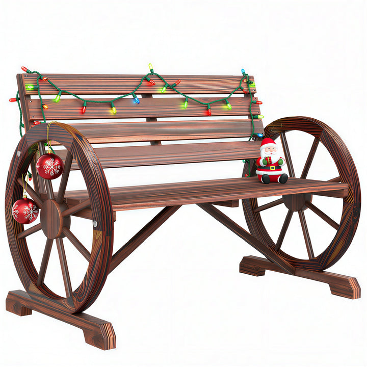 41" wooden wagon wheel bench with rustic carbonized fir wood and slatted seat for two-person outdoor patio