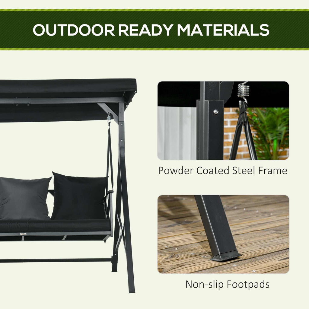 Black 3-seat patio swing chair with cushions, throw pillows, and adjustable canopy for outdoor porch and garden use
