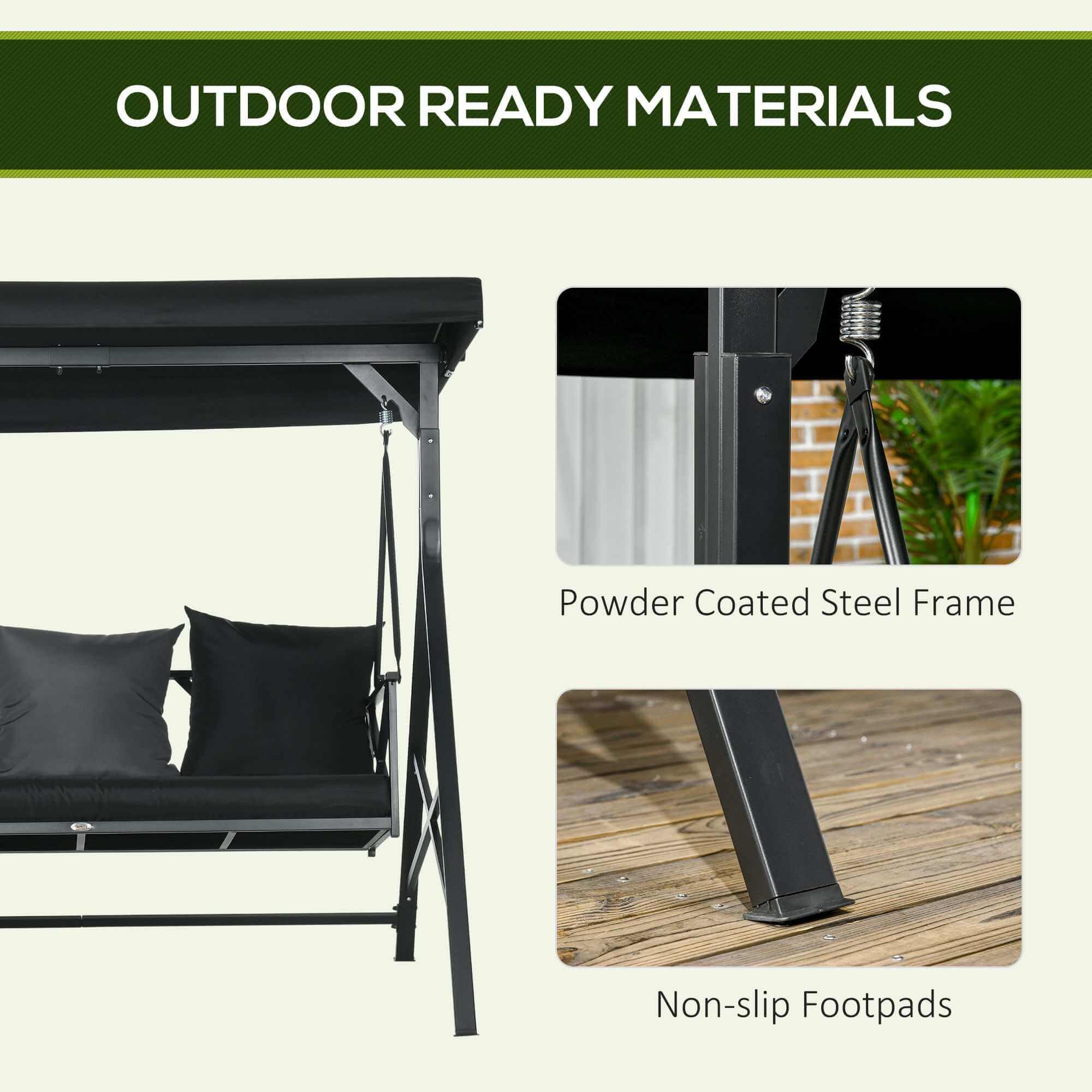 Black 3-seat patio swing chair with cushions, throw pillows, and adjustable canopy for outdoor porch and garden use