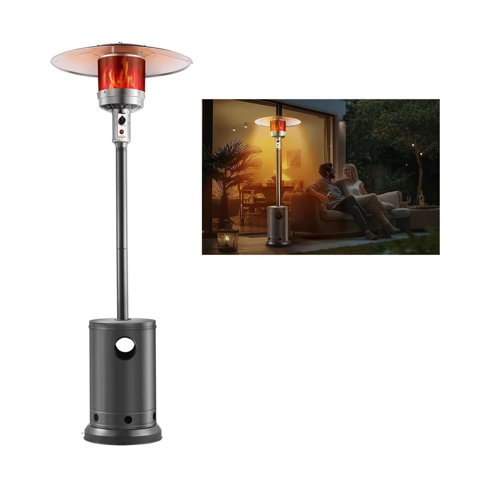 Silver gray 50000BTU propane patio heater with round table, wheels, and flame burner for outdoor warmth