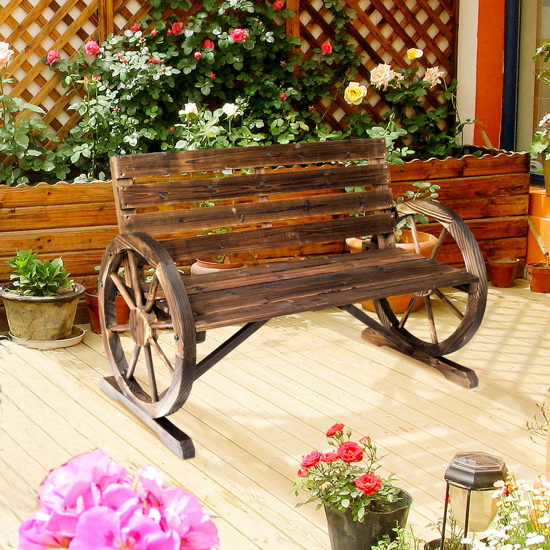 41" Carbonized Wooden Wagon Wheel Bench with rustic fir wood design and slatted two-person seat