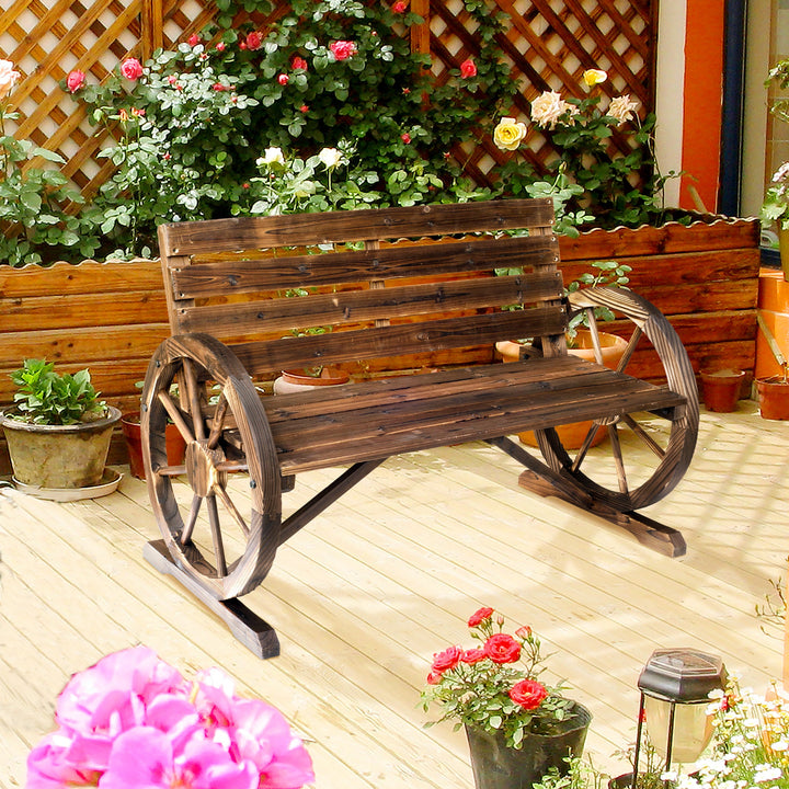 41" Carbonized Wooden Wagon Wheel Bench with rustic fir wood design and slatted two-person seat