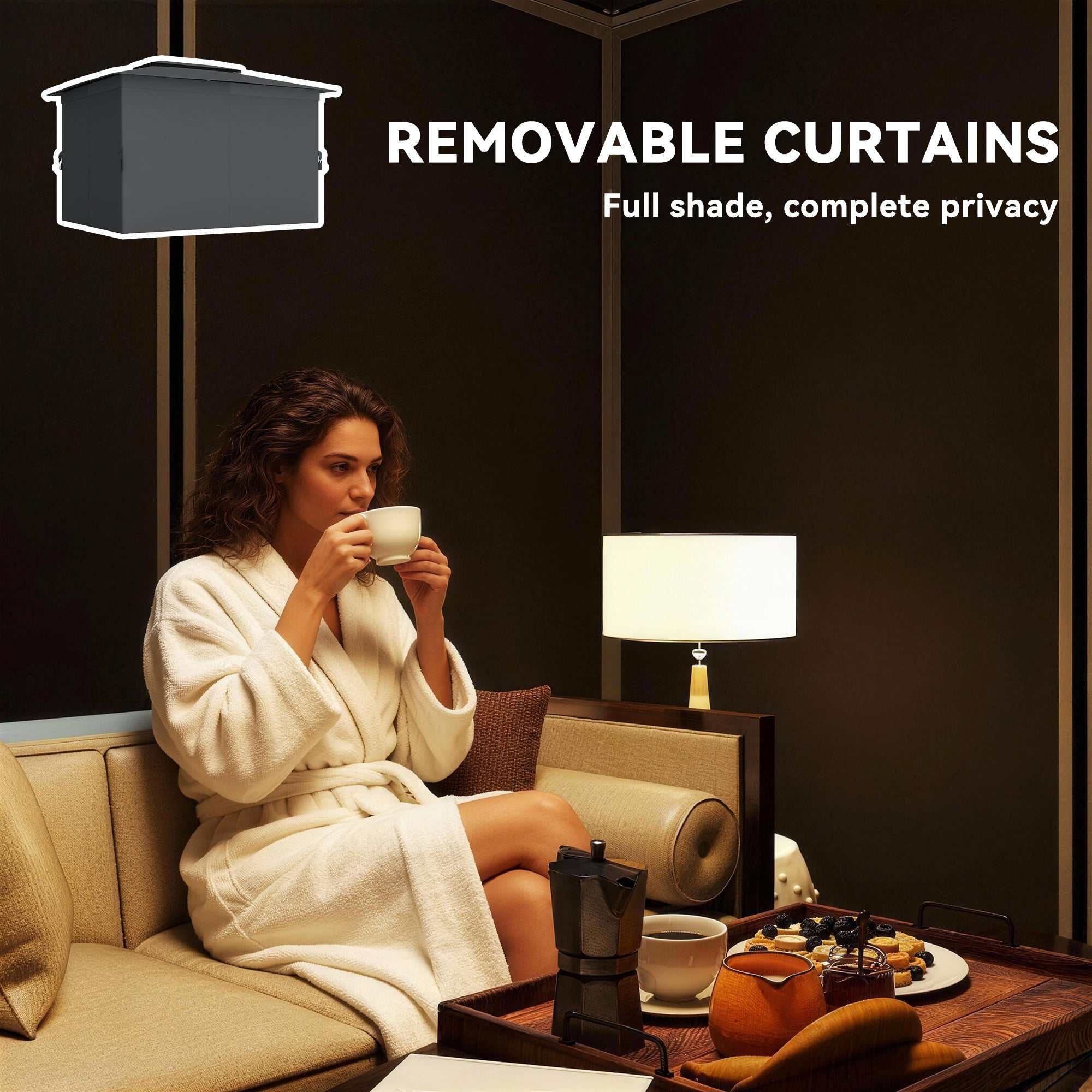 Black outdoor patio gazebo with double-tier UPF30+ roof and curtains in garden setting