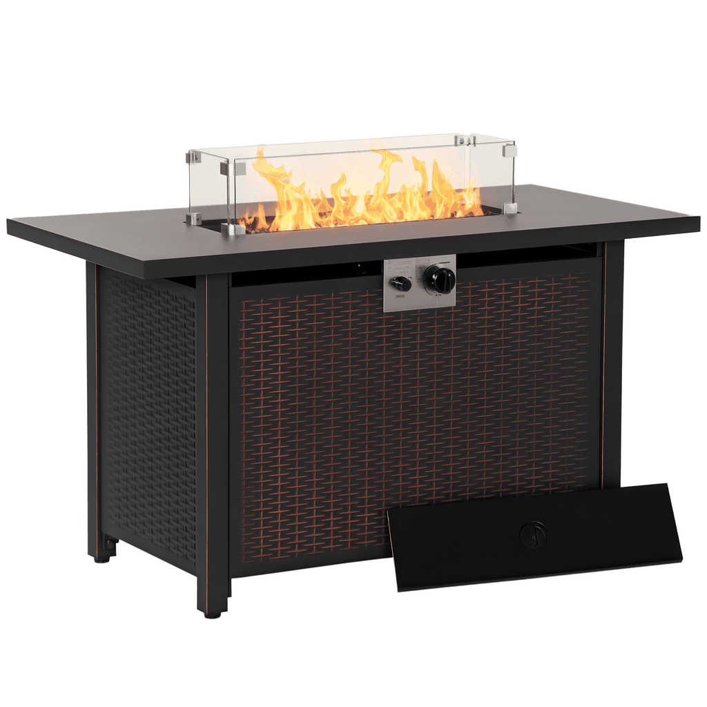 43 inch outdoor propane gas fire pit table with wicker-effect steel base, glass wind guard, blue fire glass, and convertible lid in bronze