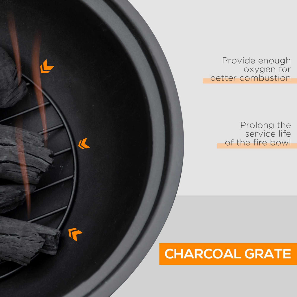 Outdoor fire pit with light brown woodgrain design, spark cover, poker, and charcoal grate for patio and backyard use