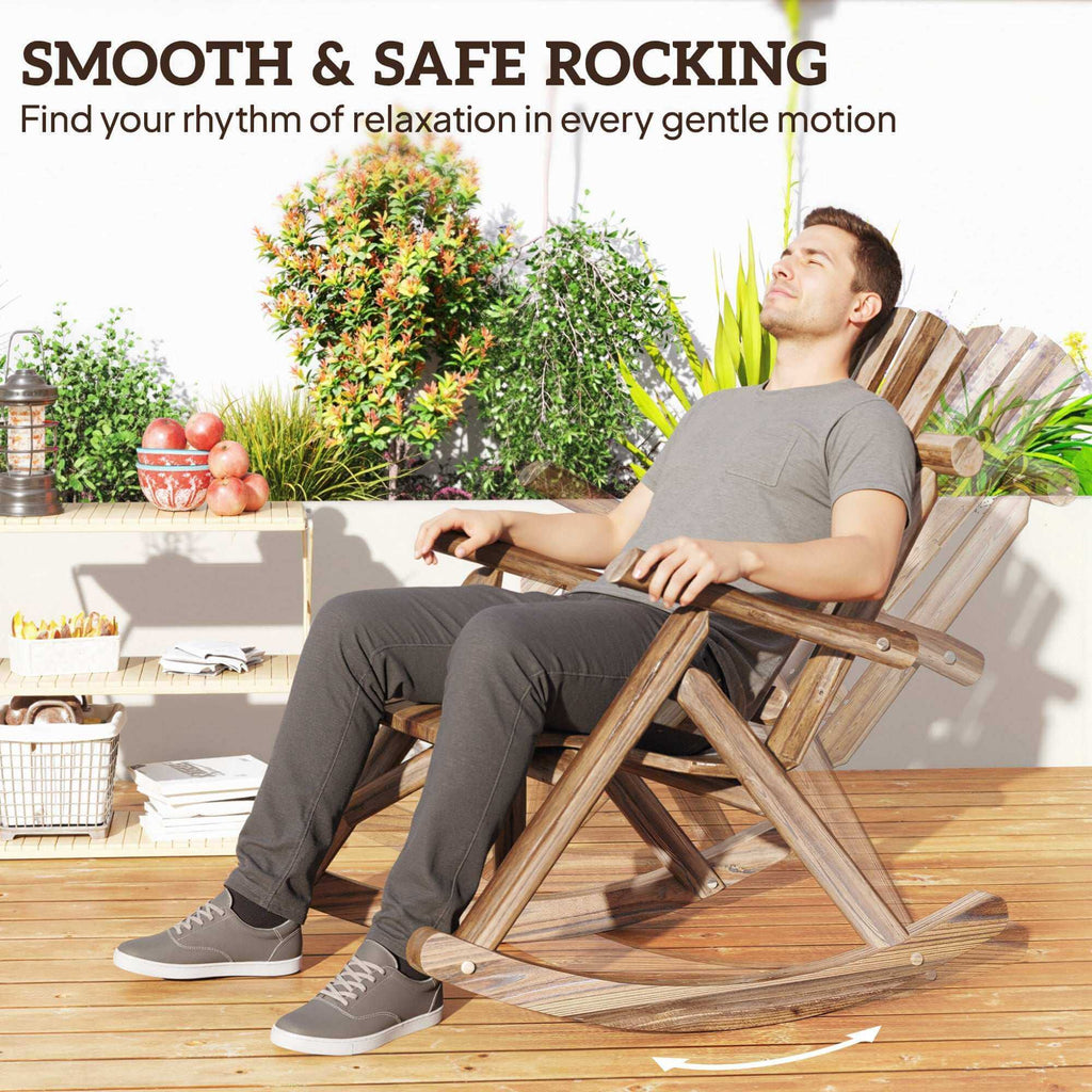 Carbonized fir wood outdoor wooden rocking chair with rustic Adirondack design and slatted seat and backrest