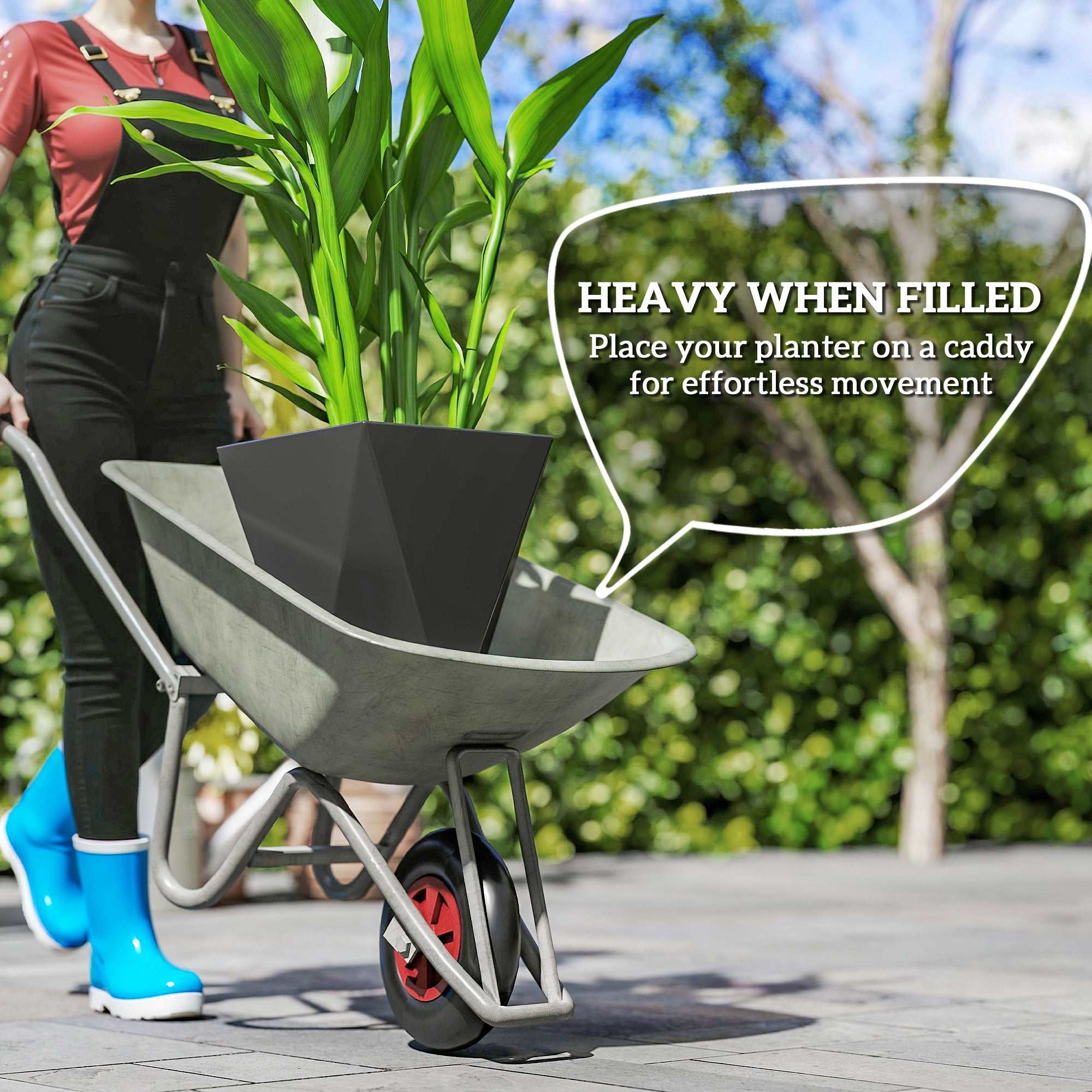 Set of 3 black stackable indoor outdoor planters with drainage holes and geometric design