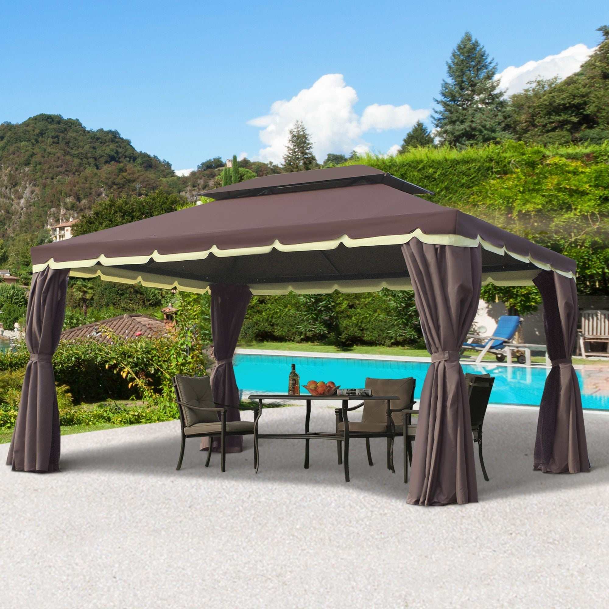 10x13 Aluminum Gazebo Patio Canopy  Outdoor Shelter With Double Roof, Netting & Curtains Backyard Brillance