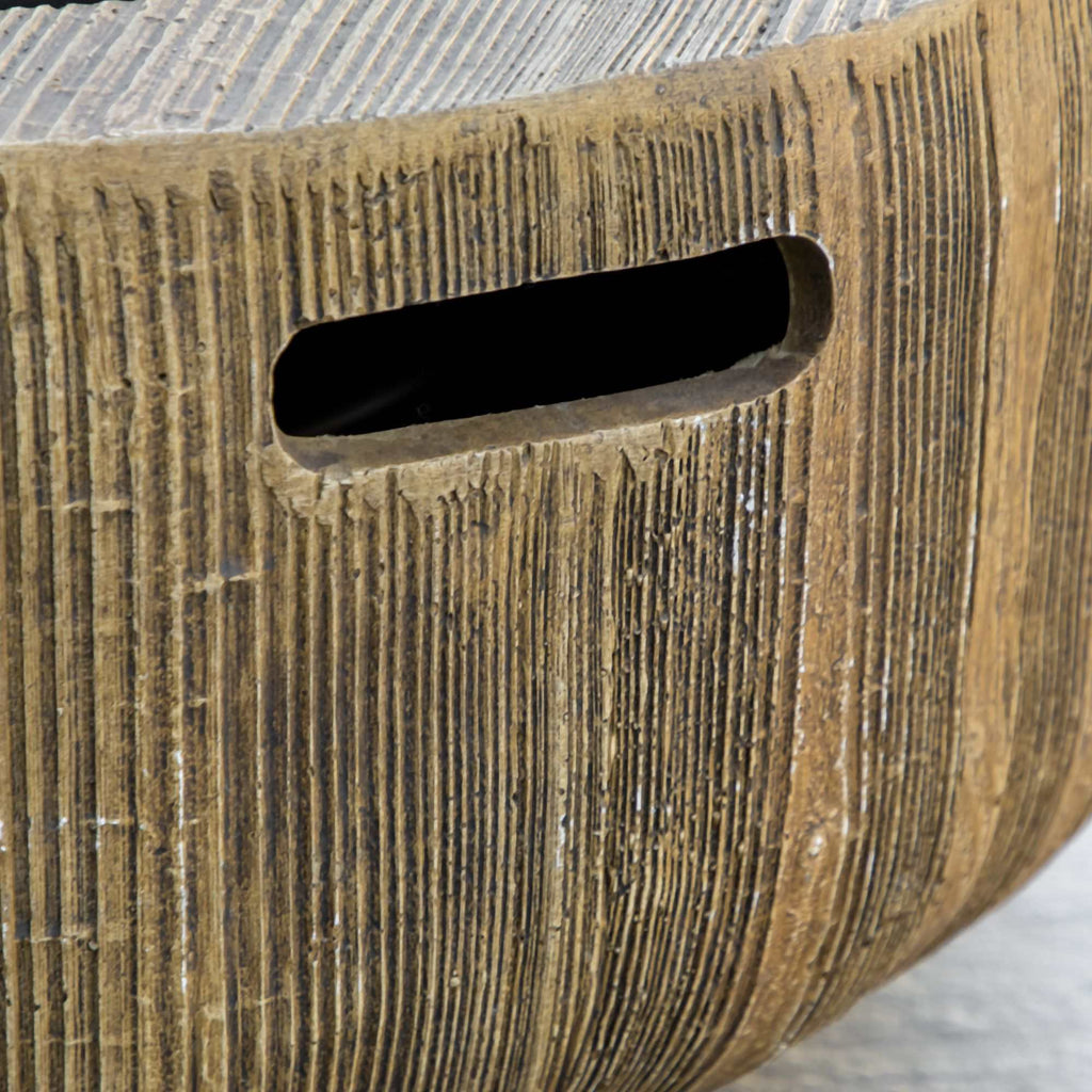 Light brown 24-inch metal outdoor fire pit with woodgrain design, spark cover, and poker for patio and backyard use