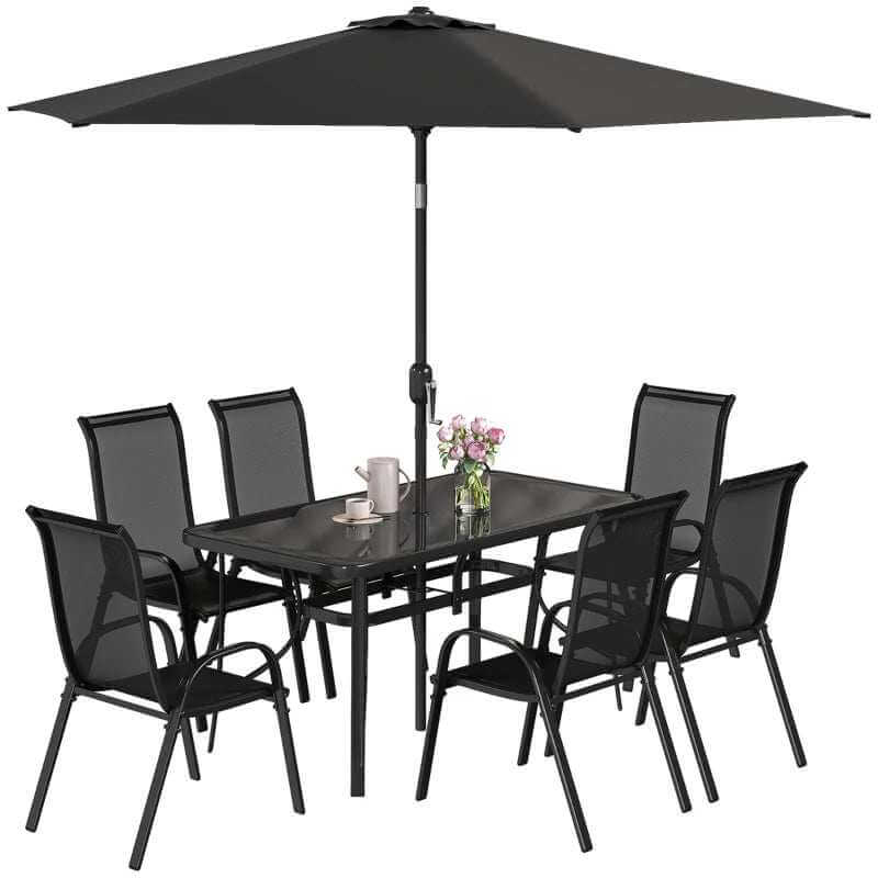 Black 8-piece patio furniture set with dining table, six chairs, and 9ft umbrella