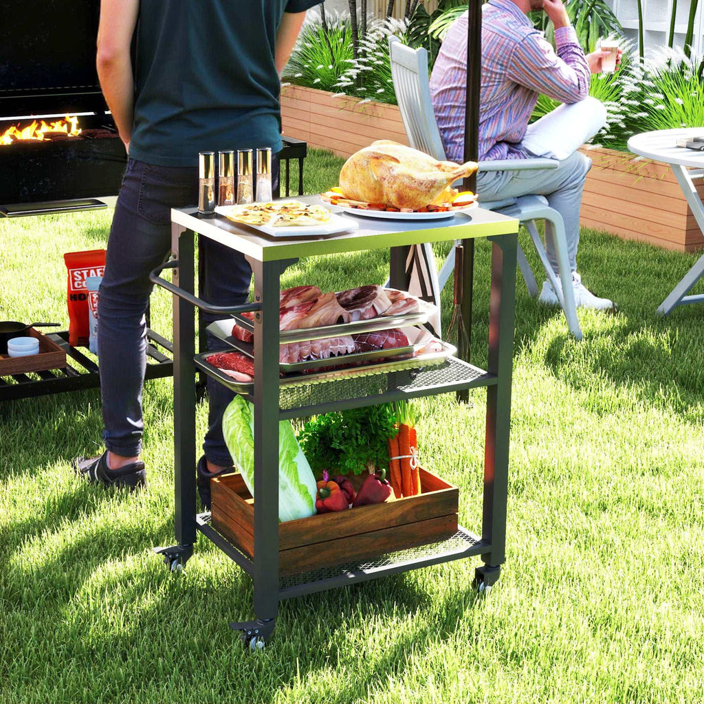 3-shelf stainless steel outdoor grill cart with tabletop, hooks, side handle, and wheels for mobile cooking station