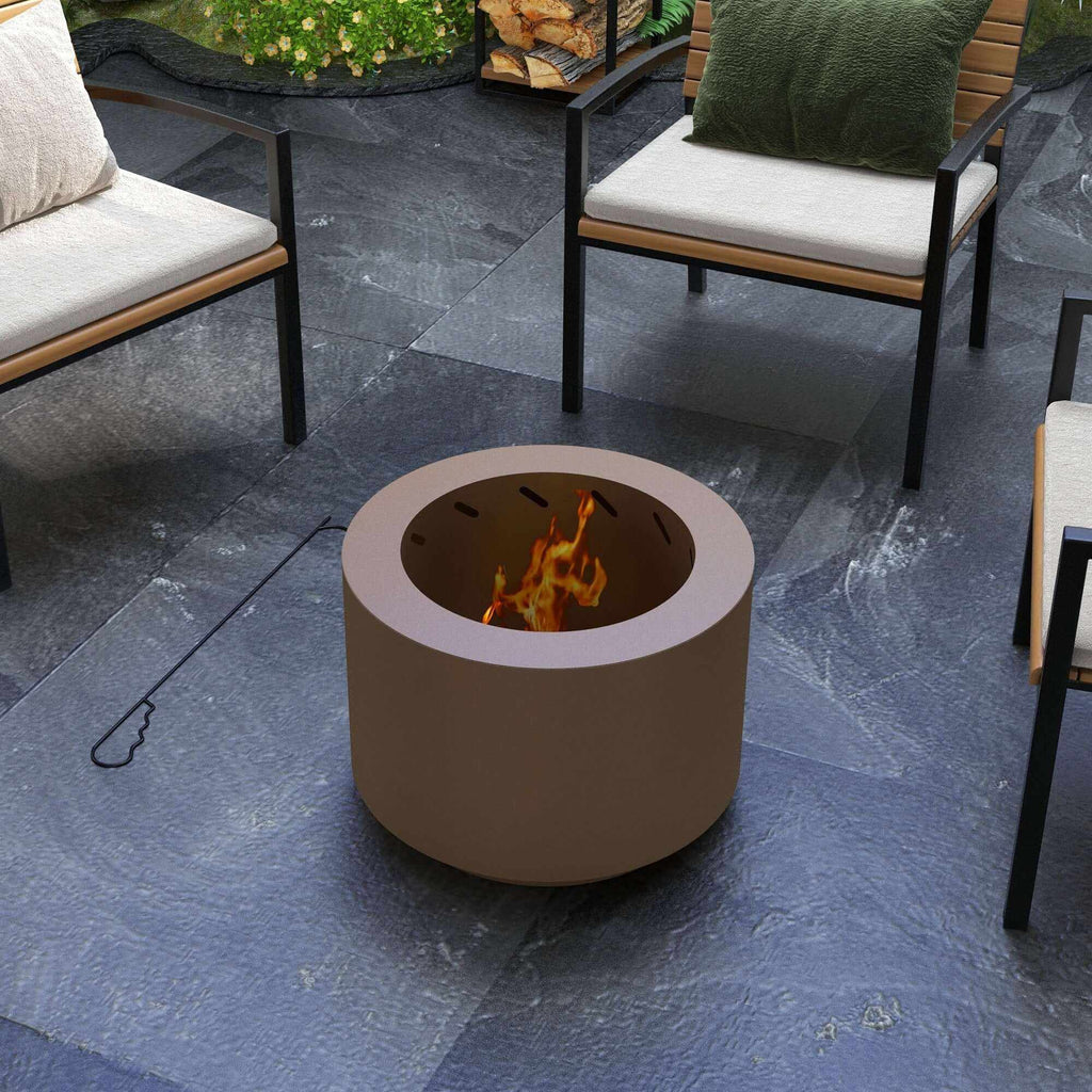 19-inch stainless steel smokeless fire pit with bronze finish and poker for outdoor use