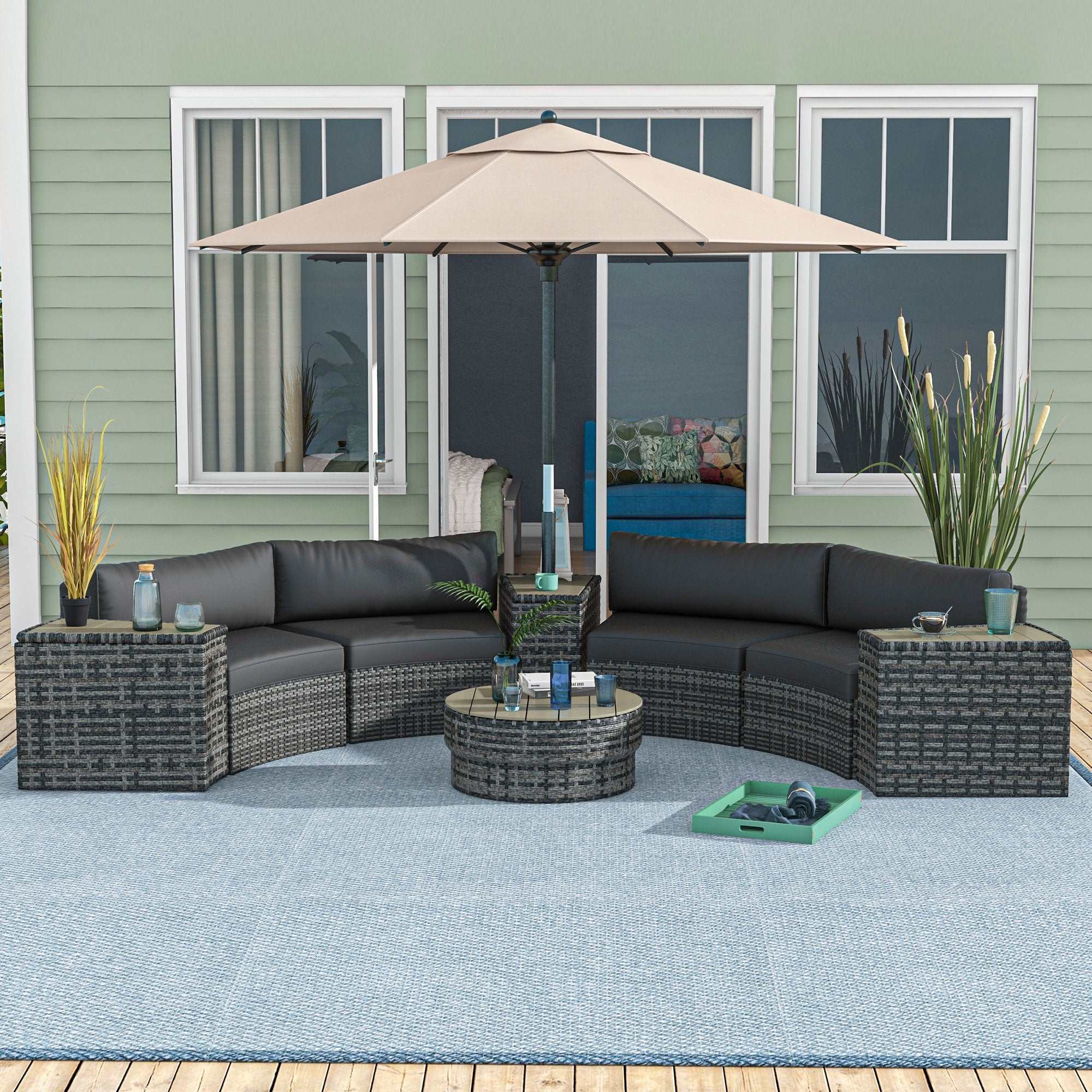 8 Piece Patio Furniture Set with mixed gray rattan chairs and storage tables