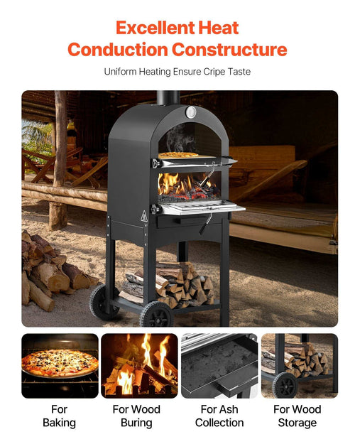 12" portable wood-fired pizza oven with wheels and built-in thermometer for outdoor cooking