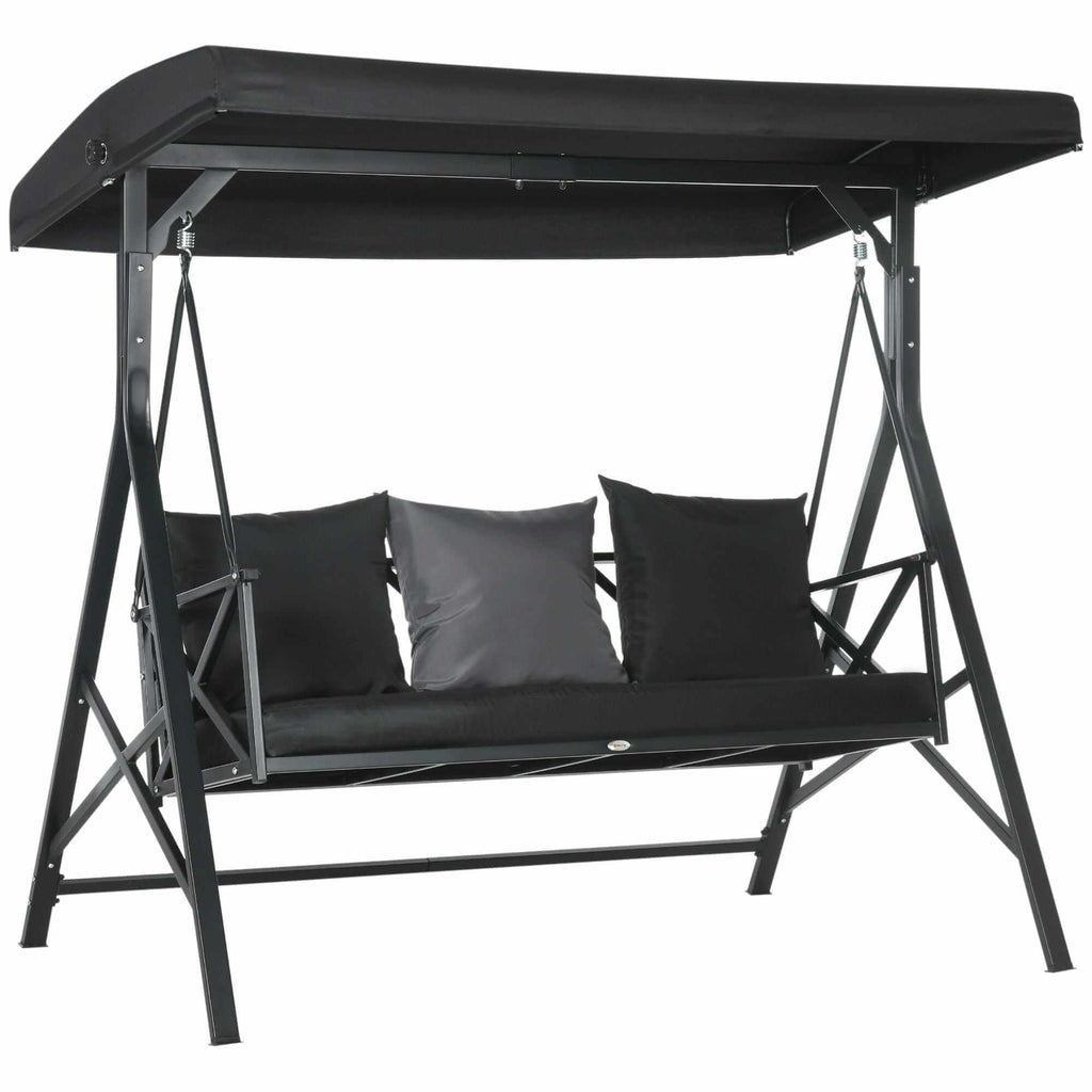 Black 3-seat patio swing chair with cushions, throw pillows, and adjustable canopy for outdoor porch or garden use
