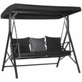 Black 3-seat patio swing chair with cushions, throw pillows, and adjustable canopy for outdoor porch or garden use
