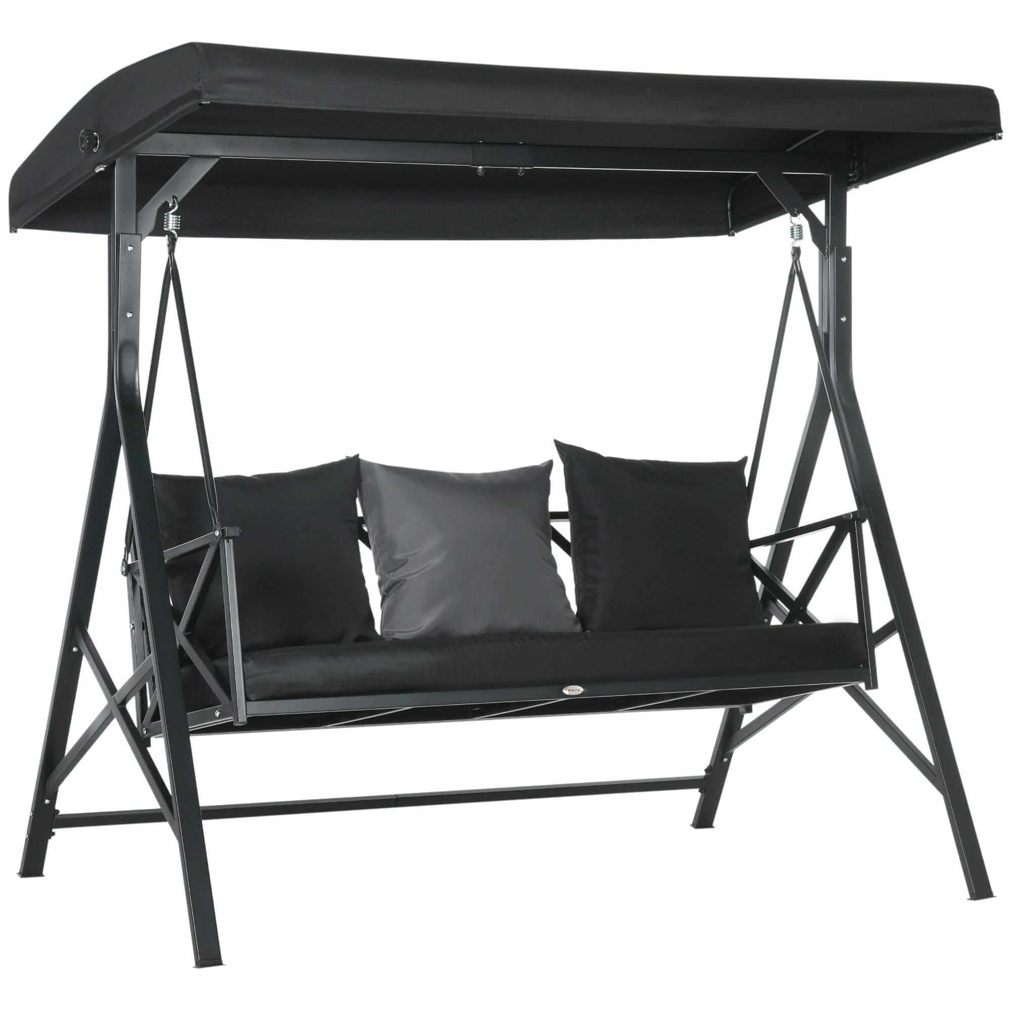 Black 3-seat patio swing chair with cushions, throw pillows, and adjustable canopy for outdoor porch or garden use