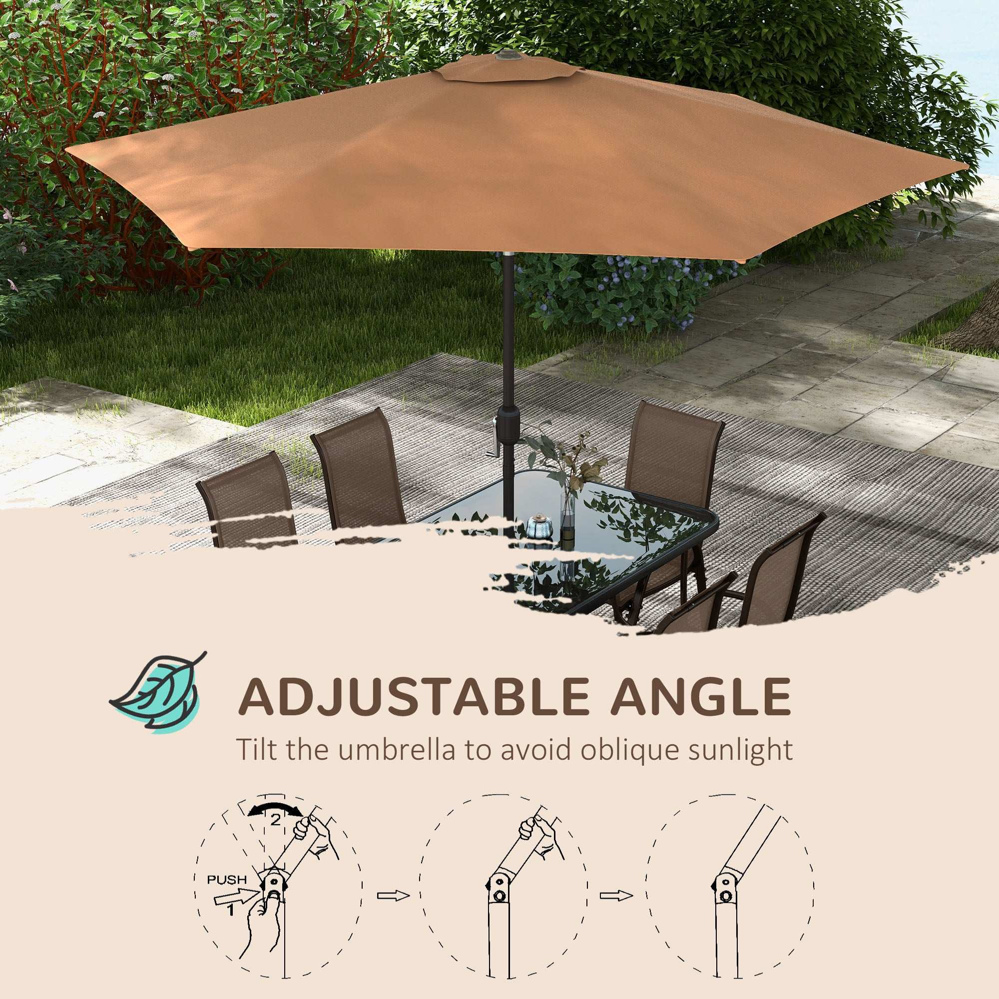 Light mixed brown 8-piece patio furniture set with 9ft adjustable umbrella, tempered glass dining table, and six mesh chairs