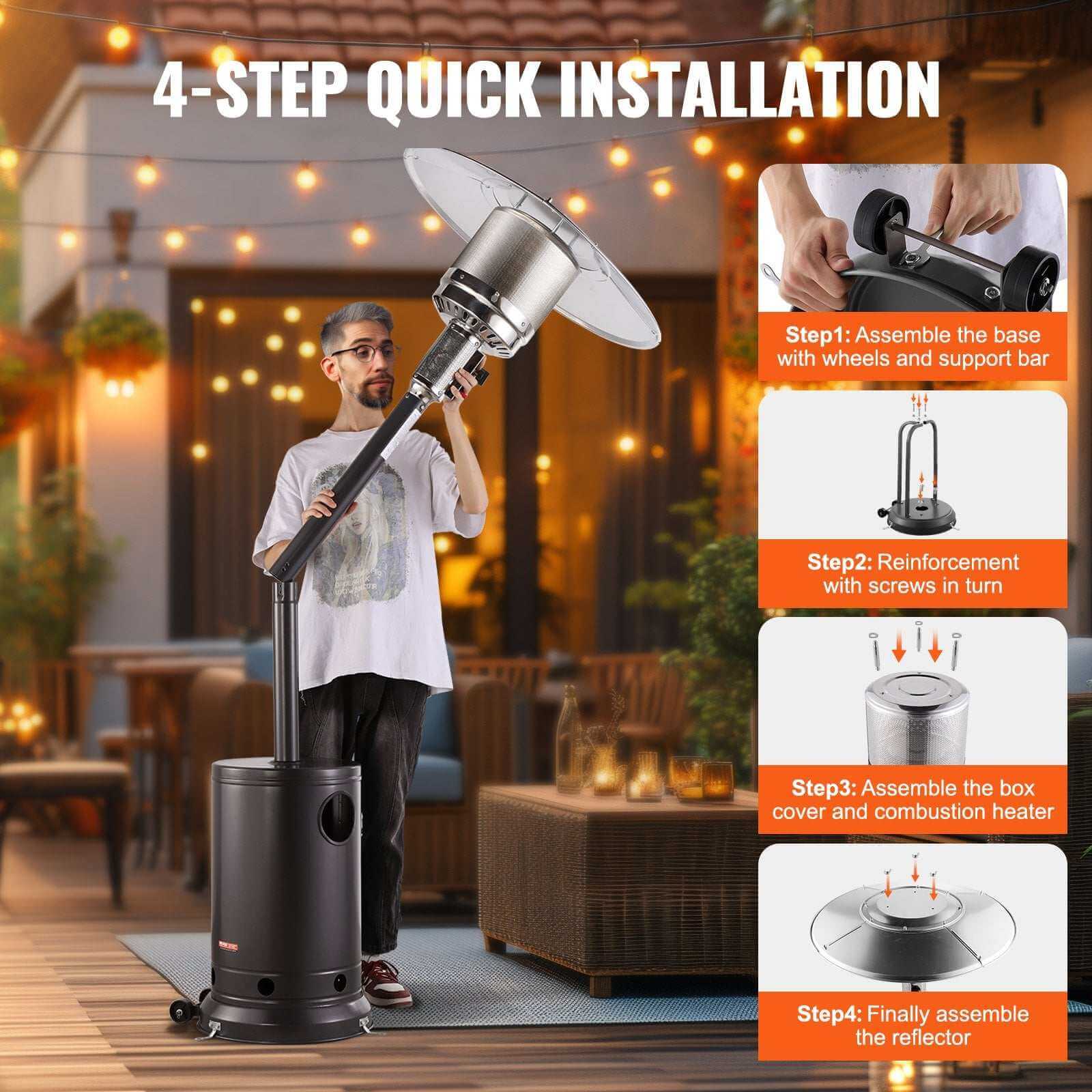 Silver gray 50000 BTU propane patio heater with round table, metal burner, wheels for outdoor use