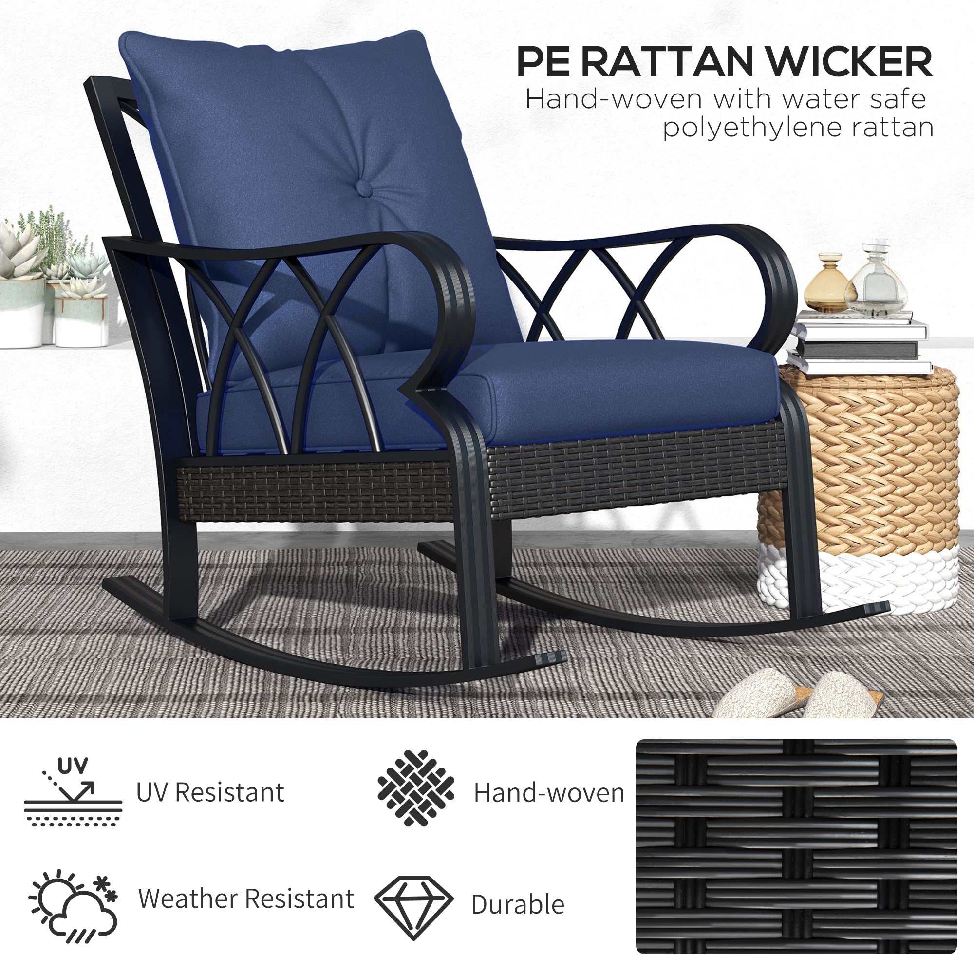 Set of 2 outdoor wicker rocking chairs with aluminum frame and thick cushions on porch