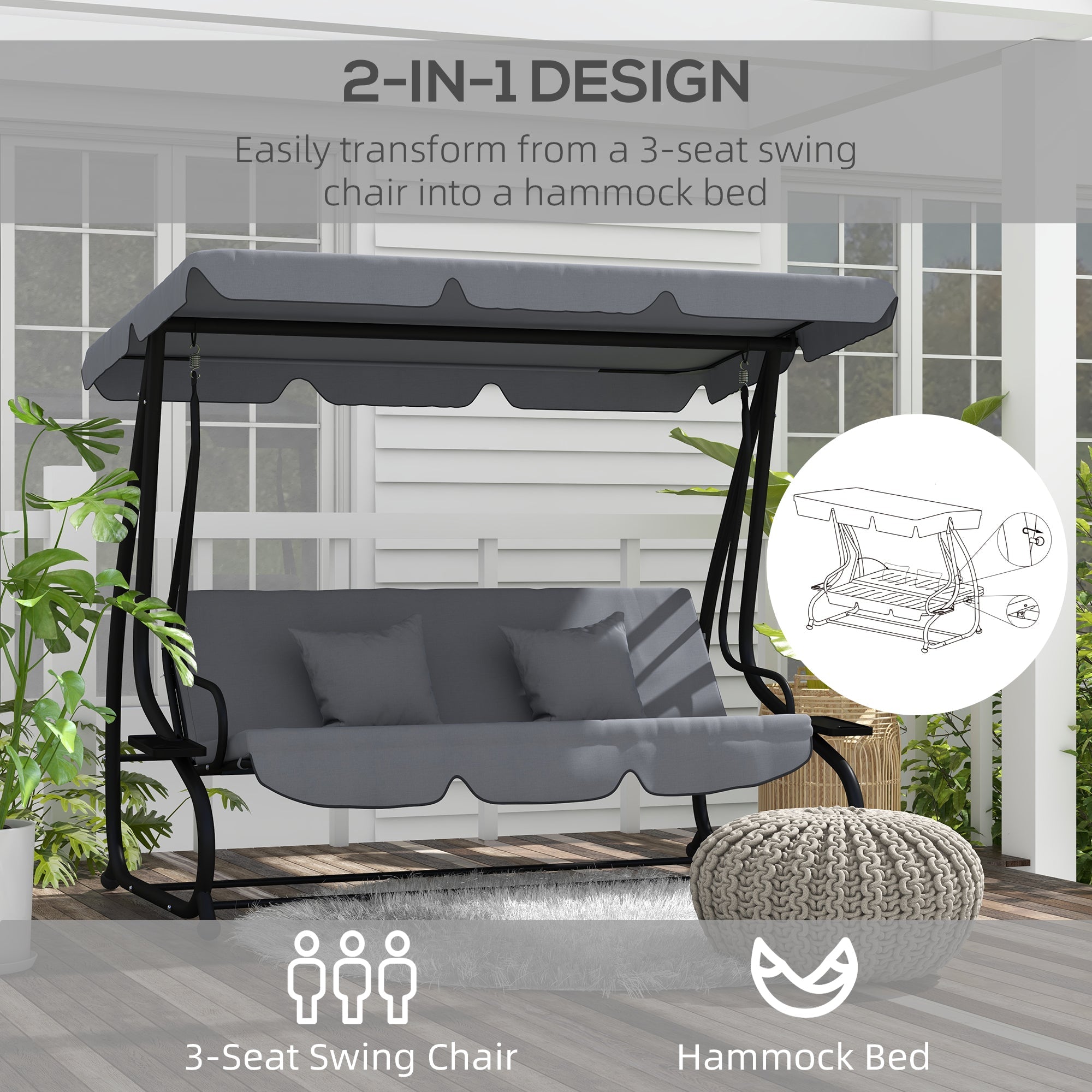 Dark gray free standing swing bench with adjustable canopy, cushions, pillows, and cup holders