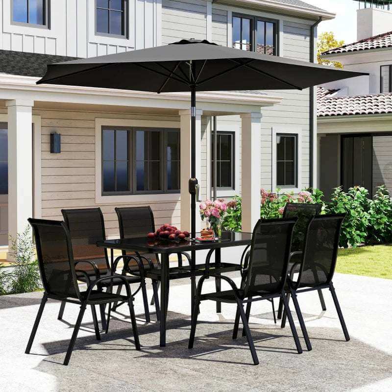Black 8-piece patio furniture set with dining table, six chairs, and 9ft umbrella