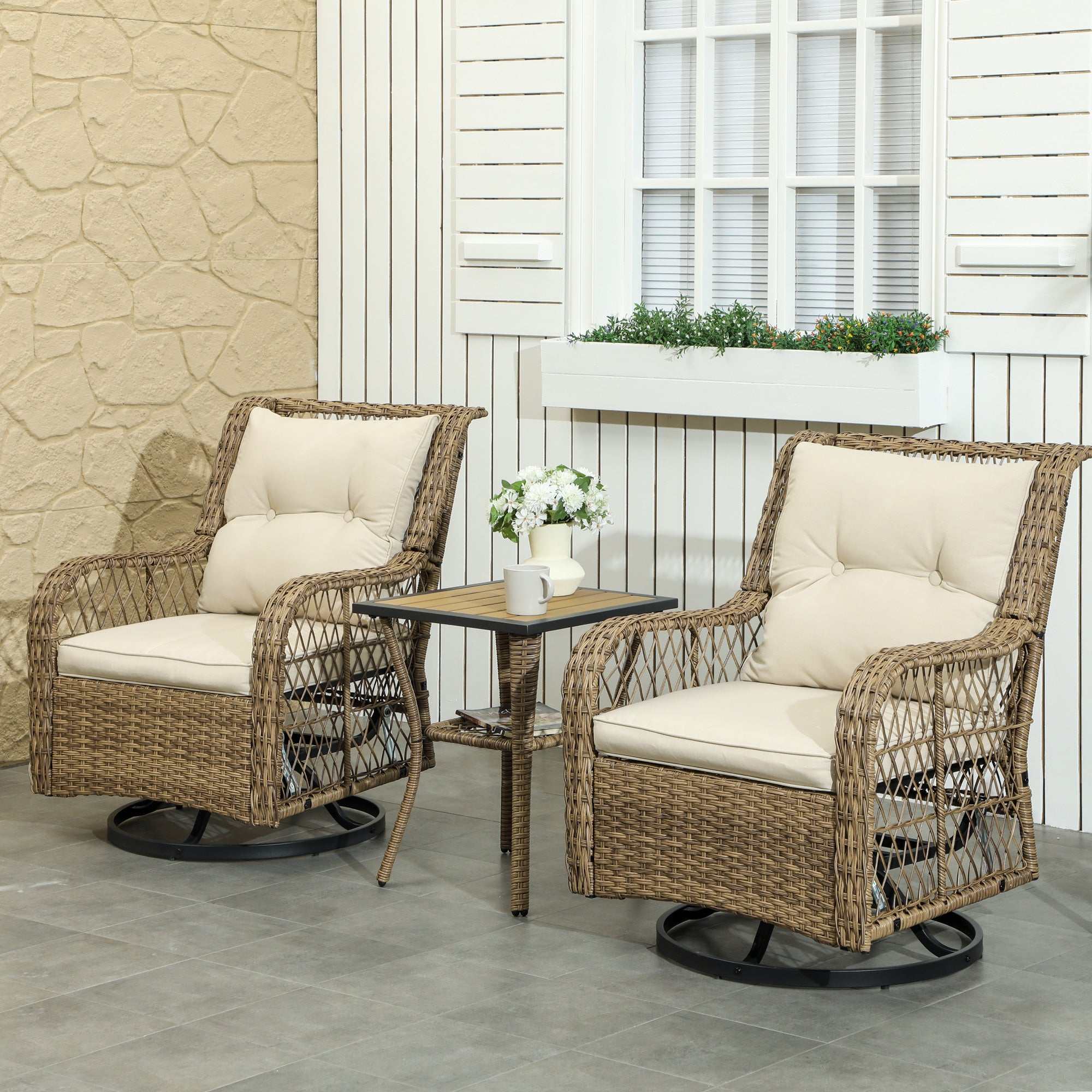 3 Piece Outdoor Bistro Set with beige swivel glider chairs and two-tier table for small patios