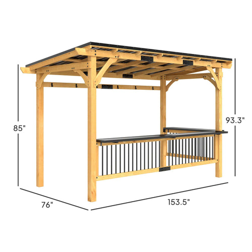 13 X 6 Wooden BBQ Grill Gazebo, Outdoor Hardtop Grill Gazebo With Metal Roof, 2 Bar Shelves And 6 Hooks, Natural Backyard Brillance