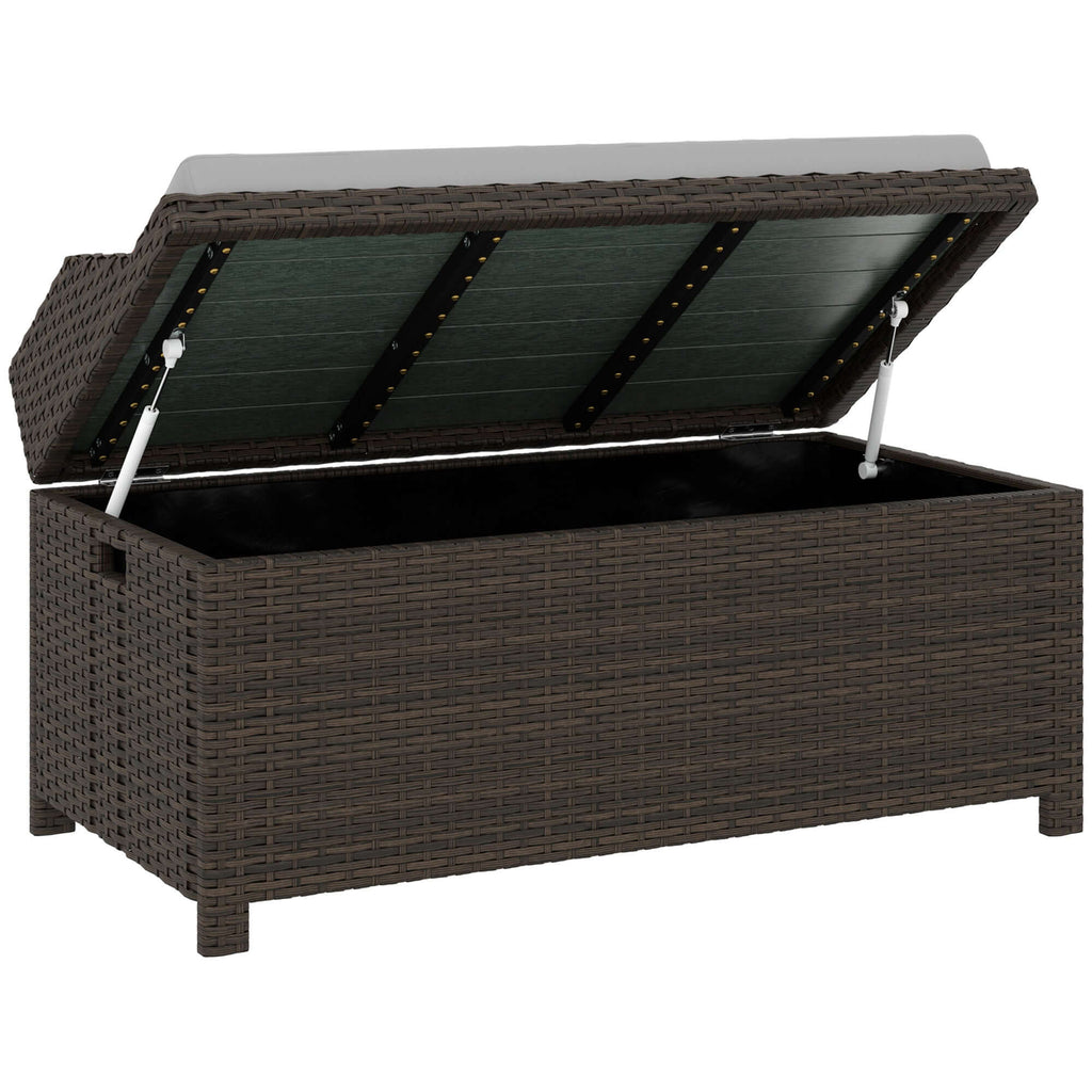 Outdoor wicker storage bench with gray cushion and hidden storage for patio seating