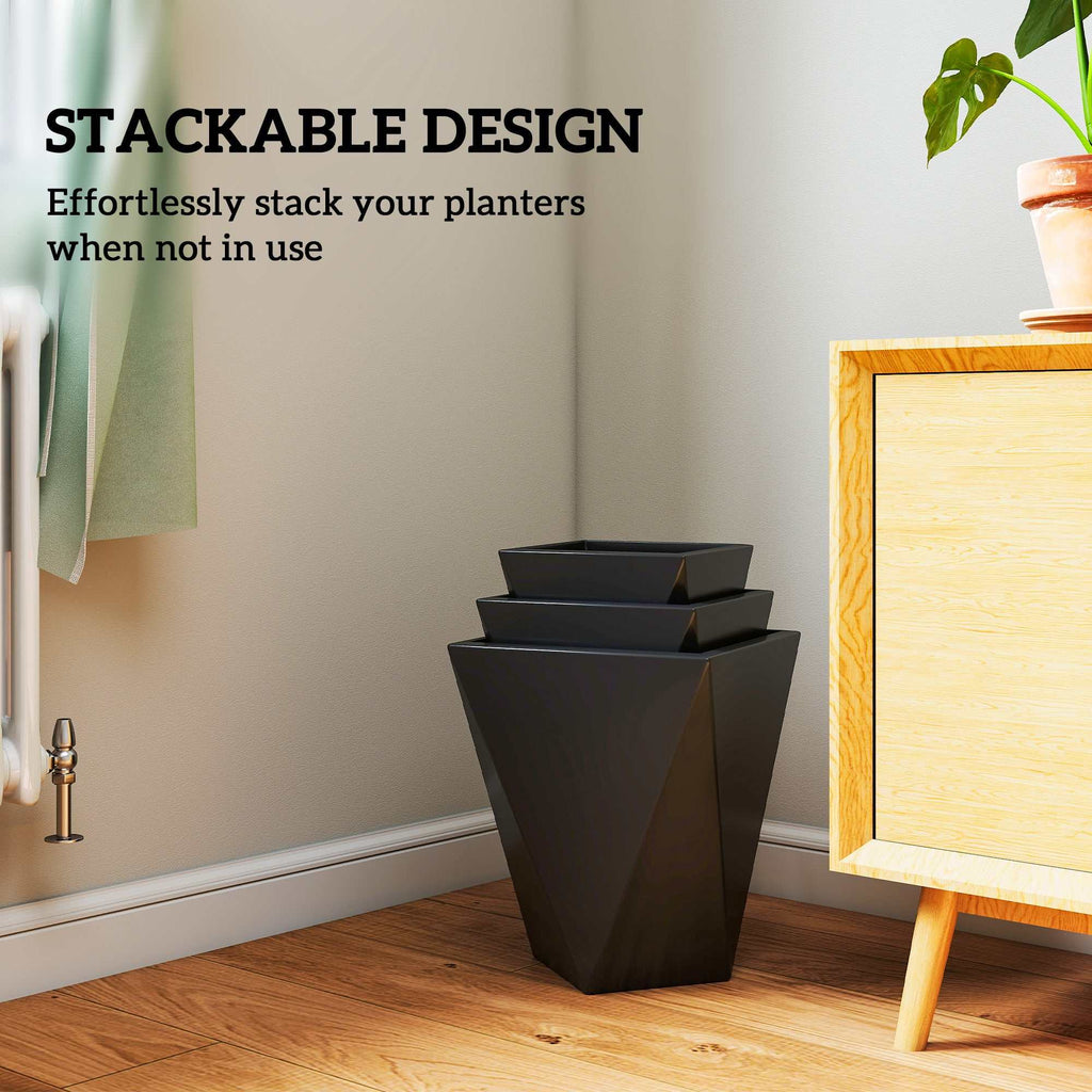 Set of 3 black indoor outdoor stackable tall planters with drainage holes for garden and balcony