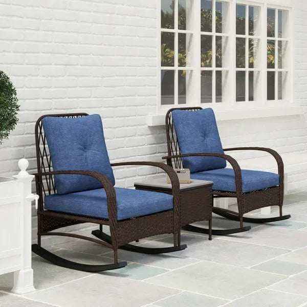 Gray PE rattan chaise lounge chairs with blue cushions and matching patio table set