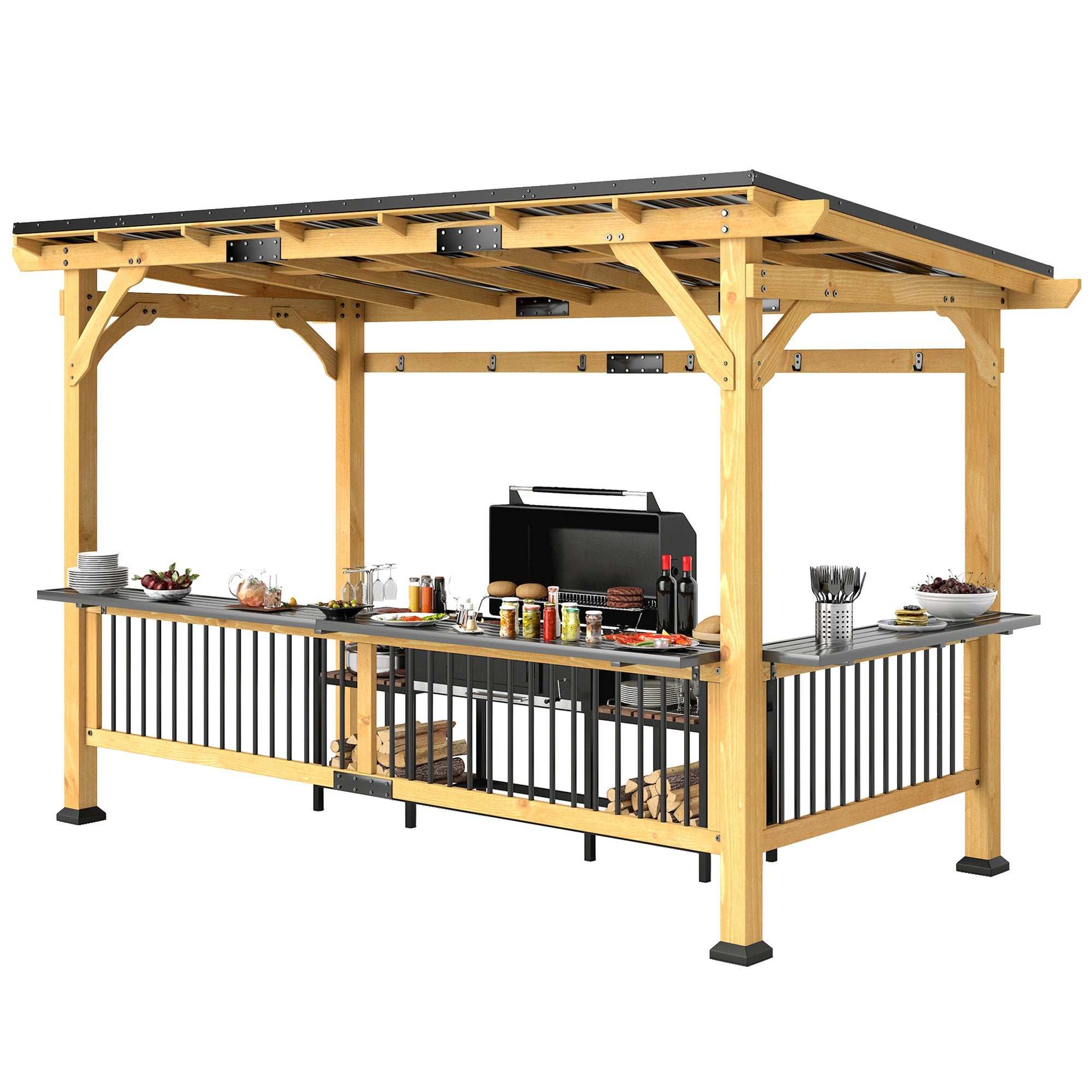 13 X 6 Wooden BBQ Grill Gazebo, Outdoor Hardtop Grill Gazebo With Metal Roof, 2 Bar Shelves And 6 Hooks, Natural Backyard Brillance