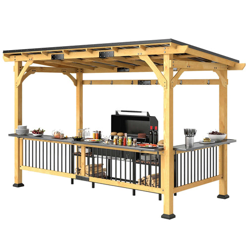 13 X 6 Wooden BBQ Grill Gazebo, Outdoor Hardtop Grill Gazebo With Metal Roof, 2 Bar Shelves And 6 Hooks, Natural Backyard Brillance