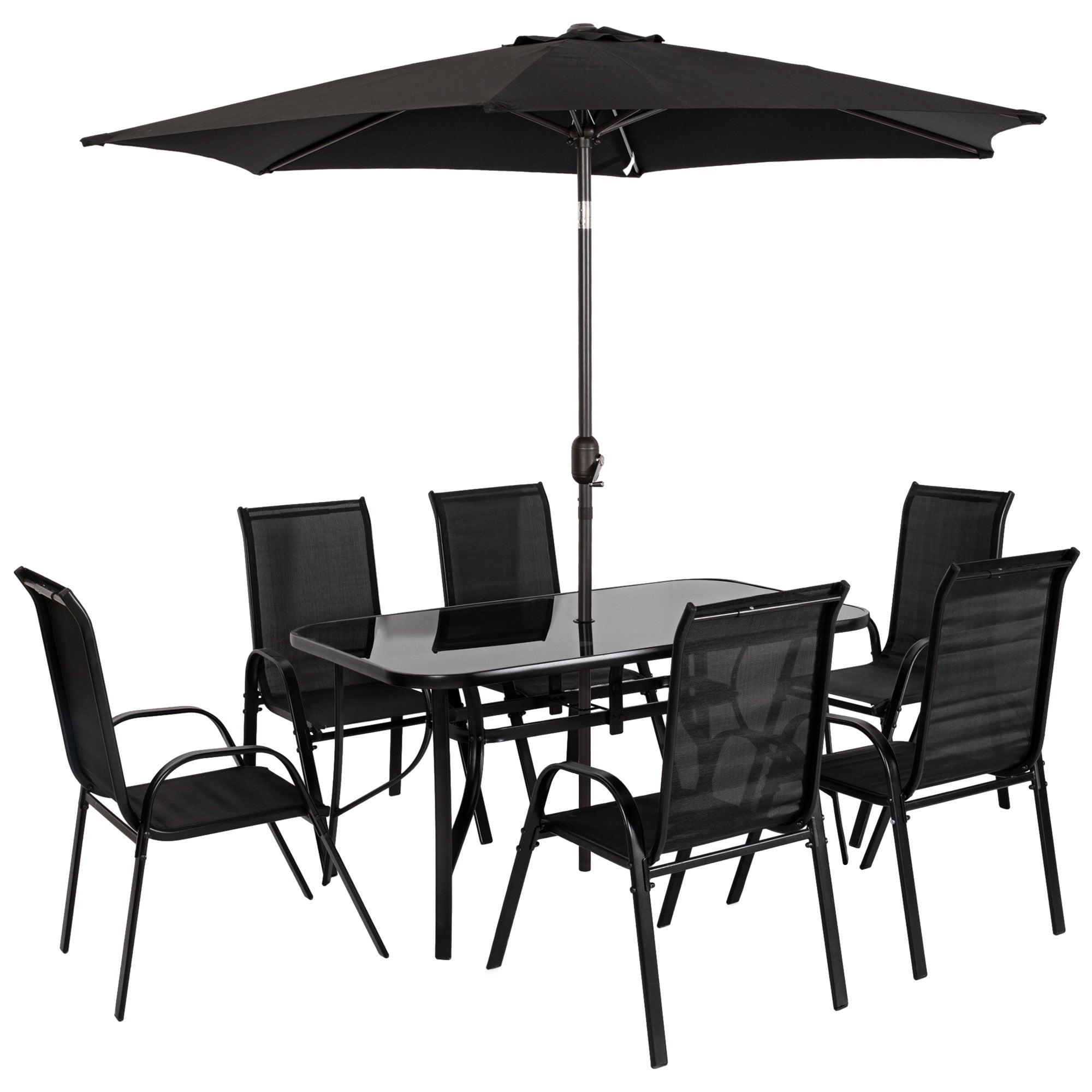 8-piece black outdoor dining set with tempered glass table, six mesh chairs, and 9ft tilt umbrella on patio