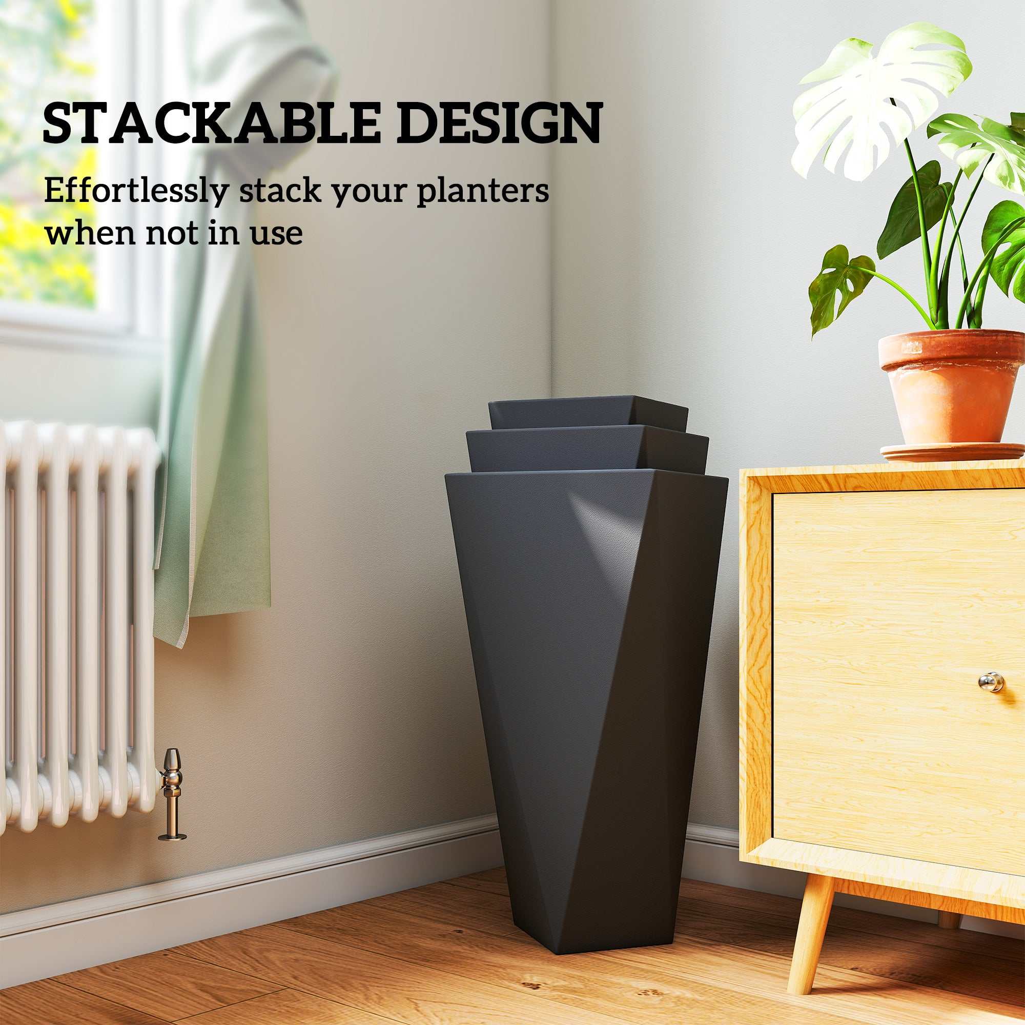 Set of 3 black tall indoor outdoor planters with drainage holes and stackable design made from weather-resistant magnesium oxide