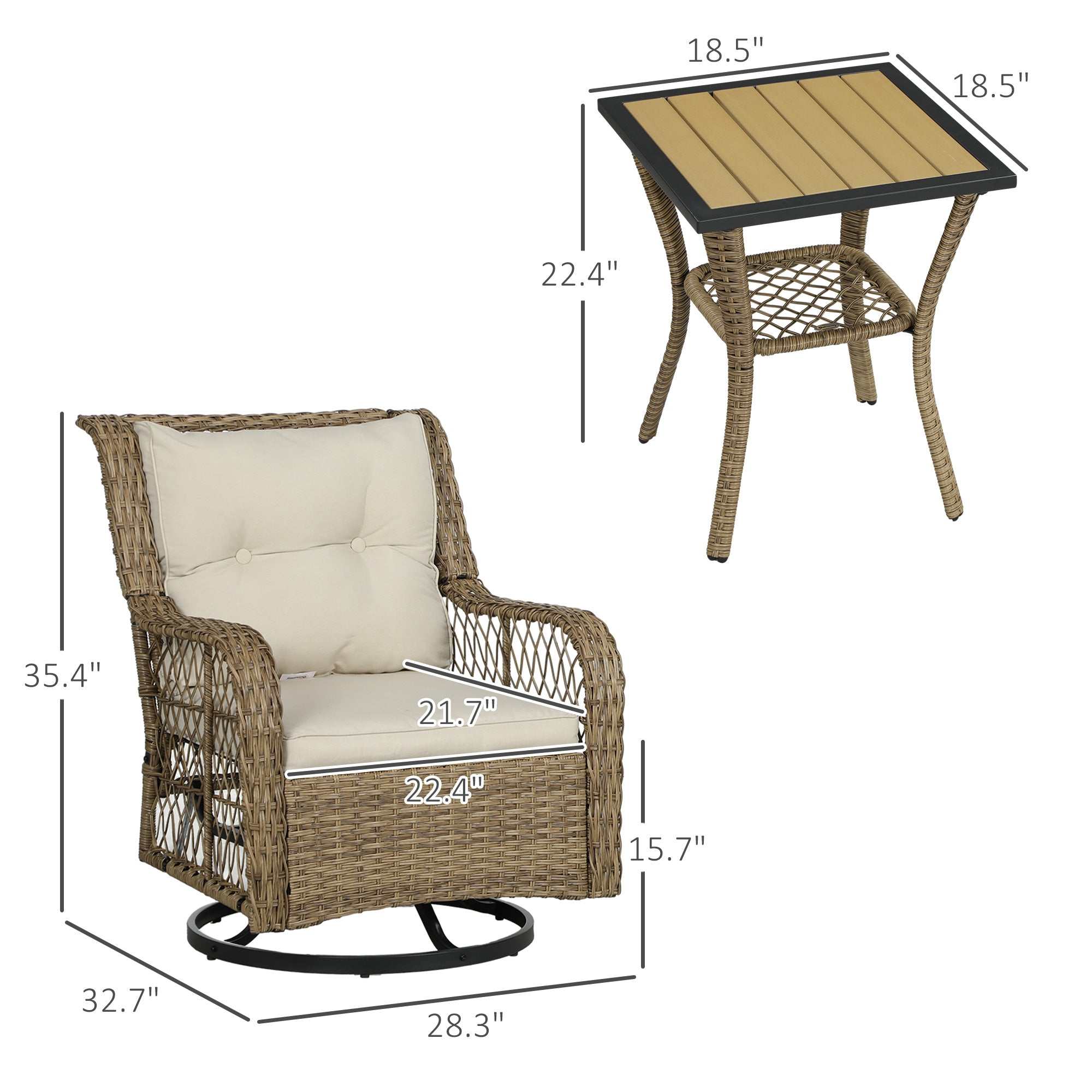 3 piece outdoor bistro set with beige swivel glider chairs and two-tier table for balcony patio