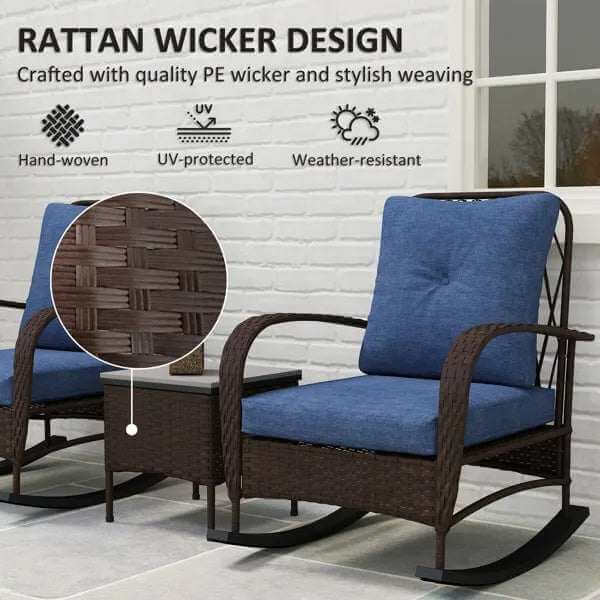 Rattan chaise lounge chair with blue cushions and weather-resistant hand-woven PE wicker design