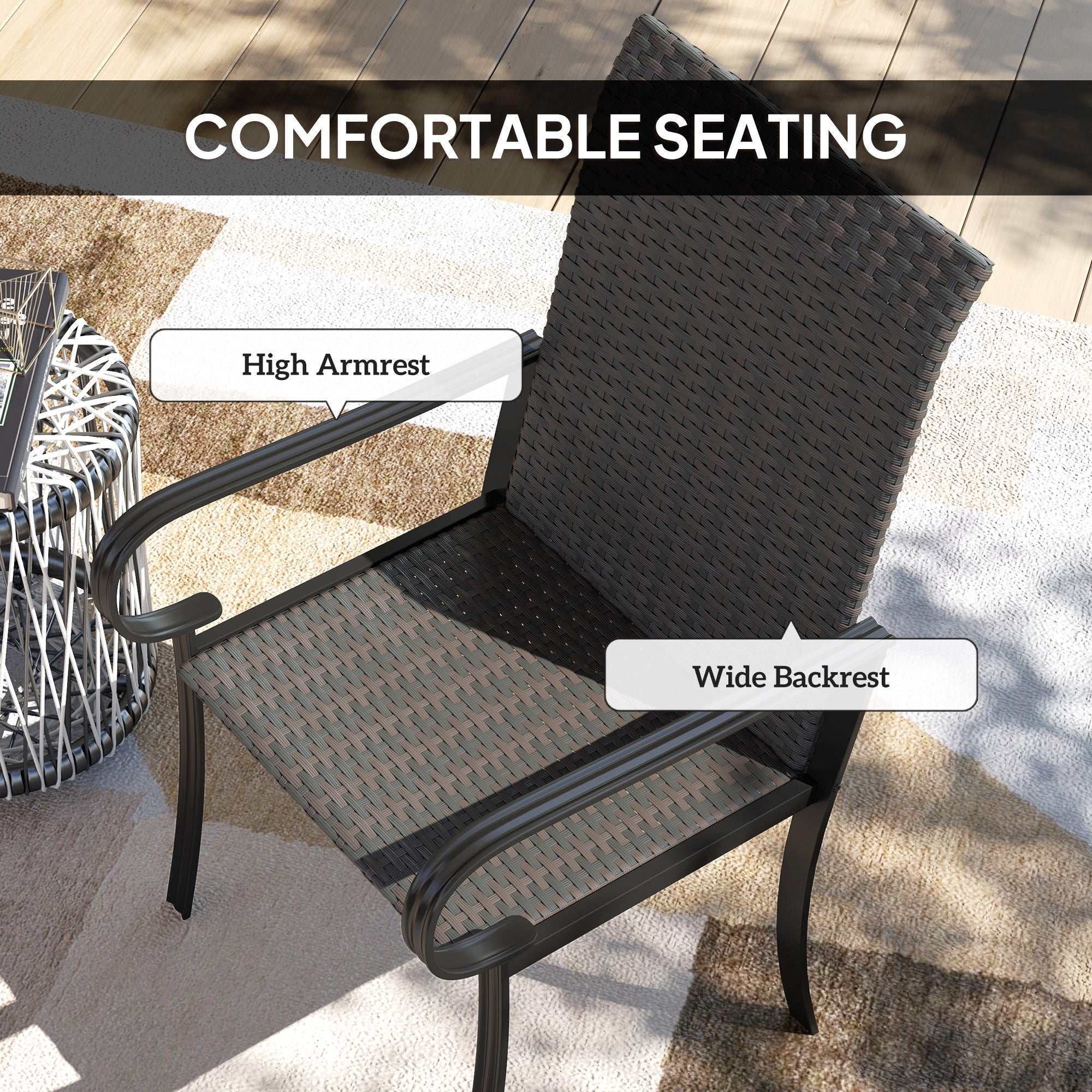 Set of 4 brown outdoor wicker dining chairs with high backs, armrests, and steel frames