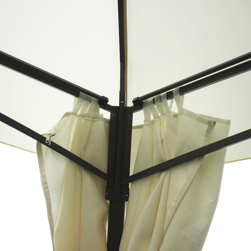 10x13 foot beige outdoor gazebo patio with 2-tier vented roof and sidewall curtains