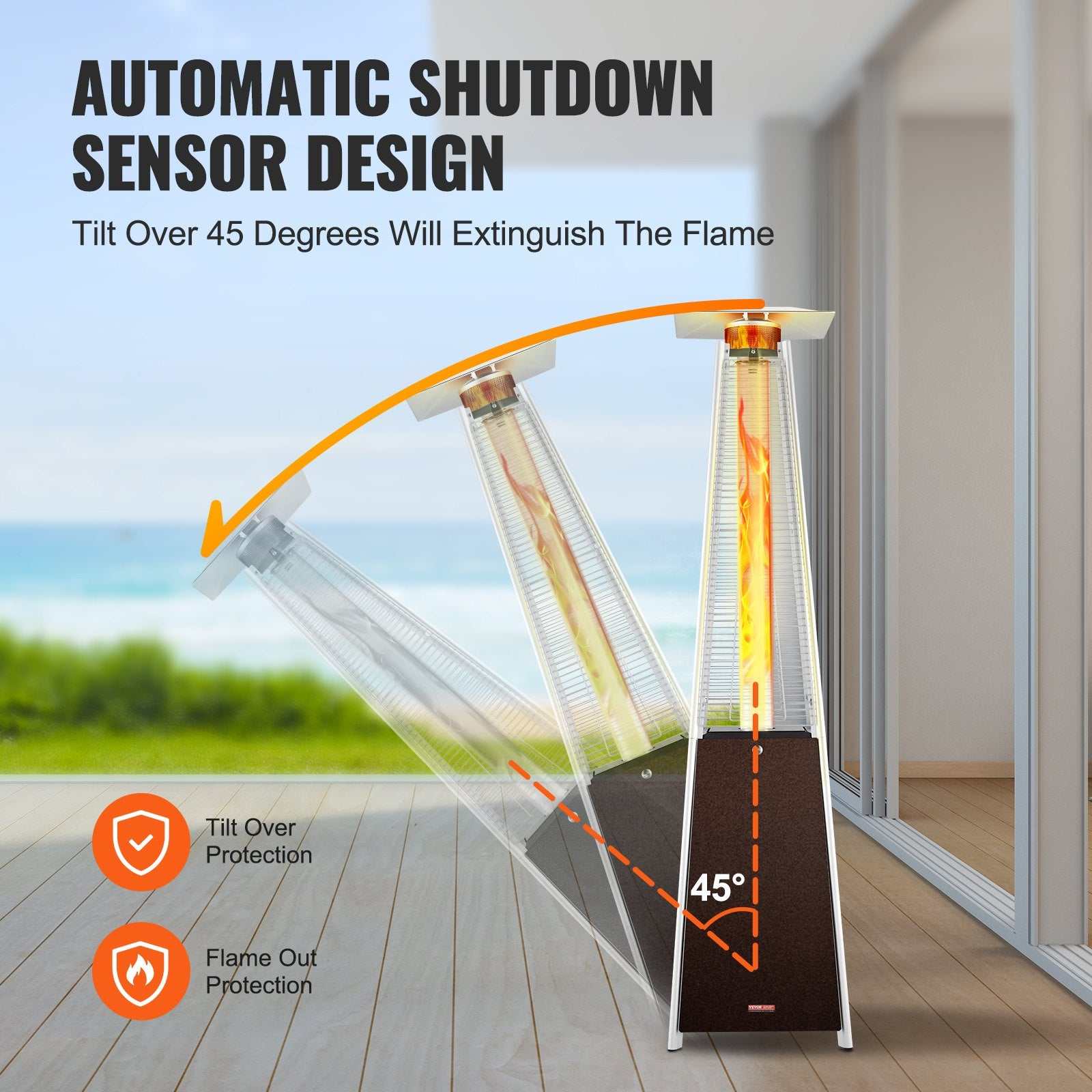 Bronze propane patio heater with pyramid design, 48000 BTU, wheels, and stainless steel body for outdoor use