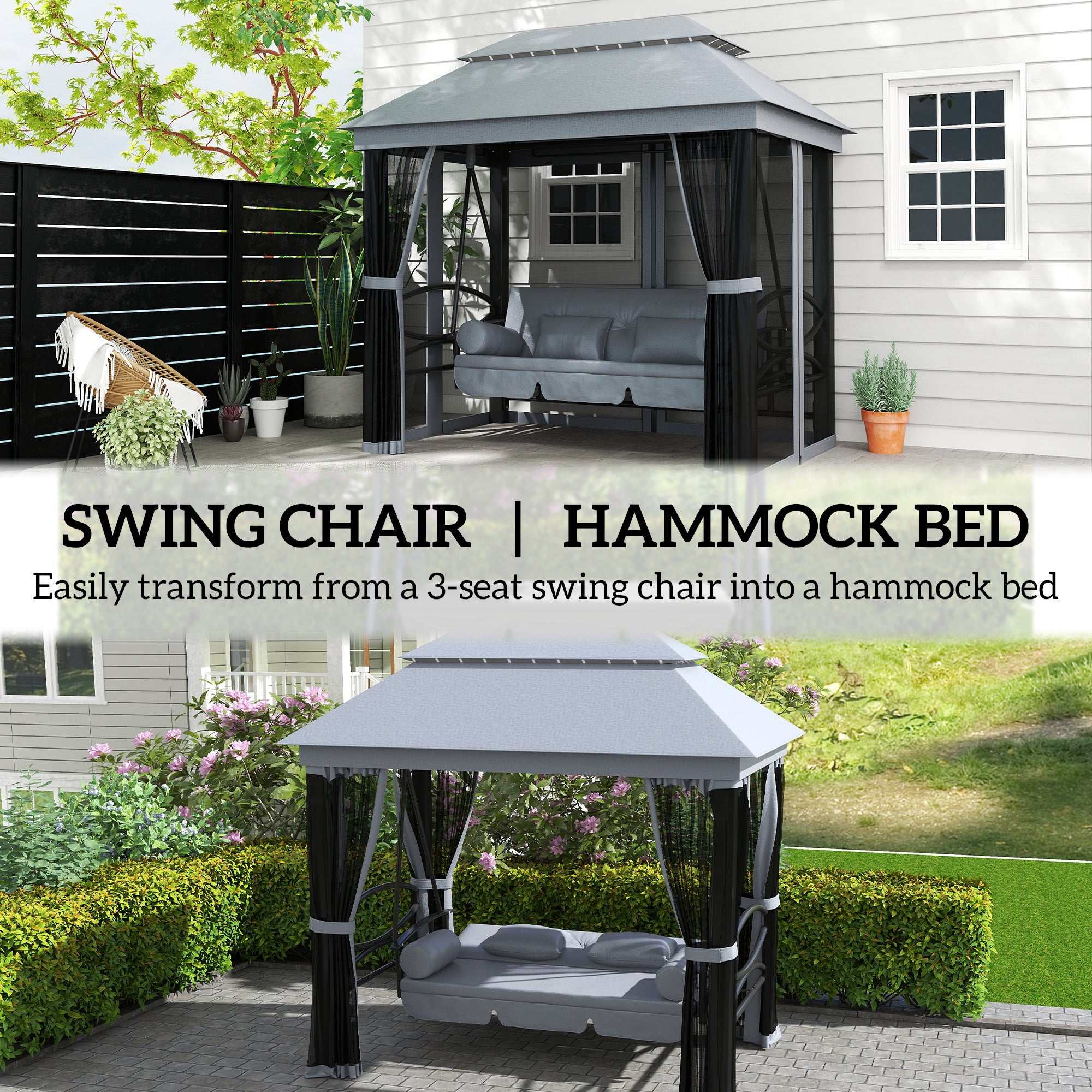 3-Seat Patio Swing Chair, Outdoor Gazebo Swing With Double Tier Canopy, Mesh Sidewalls, Cushioned Seat And Pillows, Gray Backyard Brillance