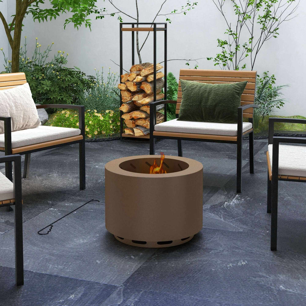 19-inch smokeless stainless steel fire pit with bronze finish and fire poker