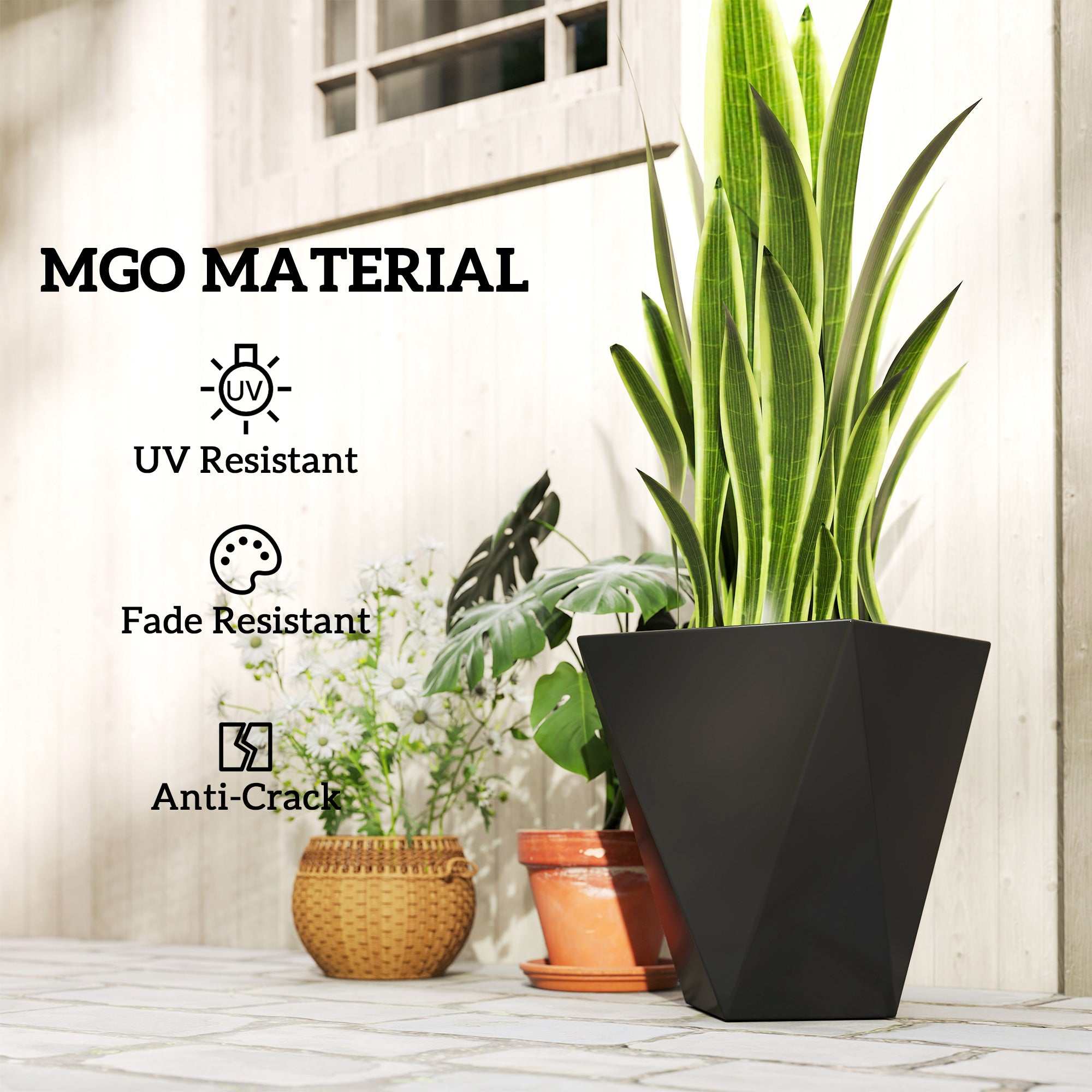 Set of 3 black tall indoor outdoor planters with drainage holes and stackable design made of magnesium oxide