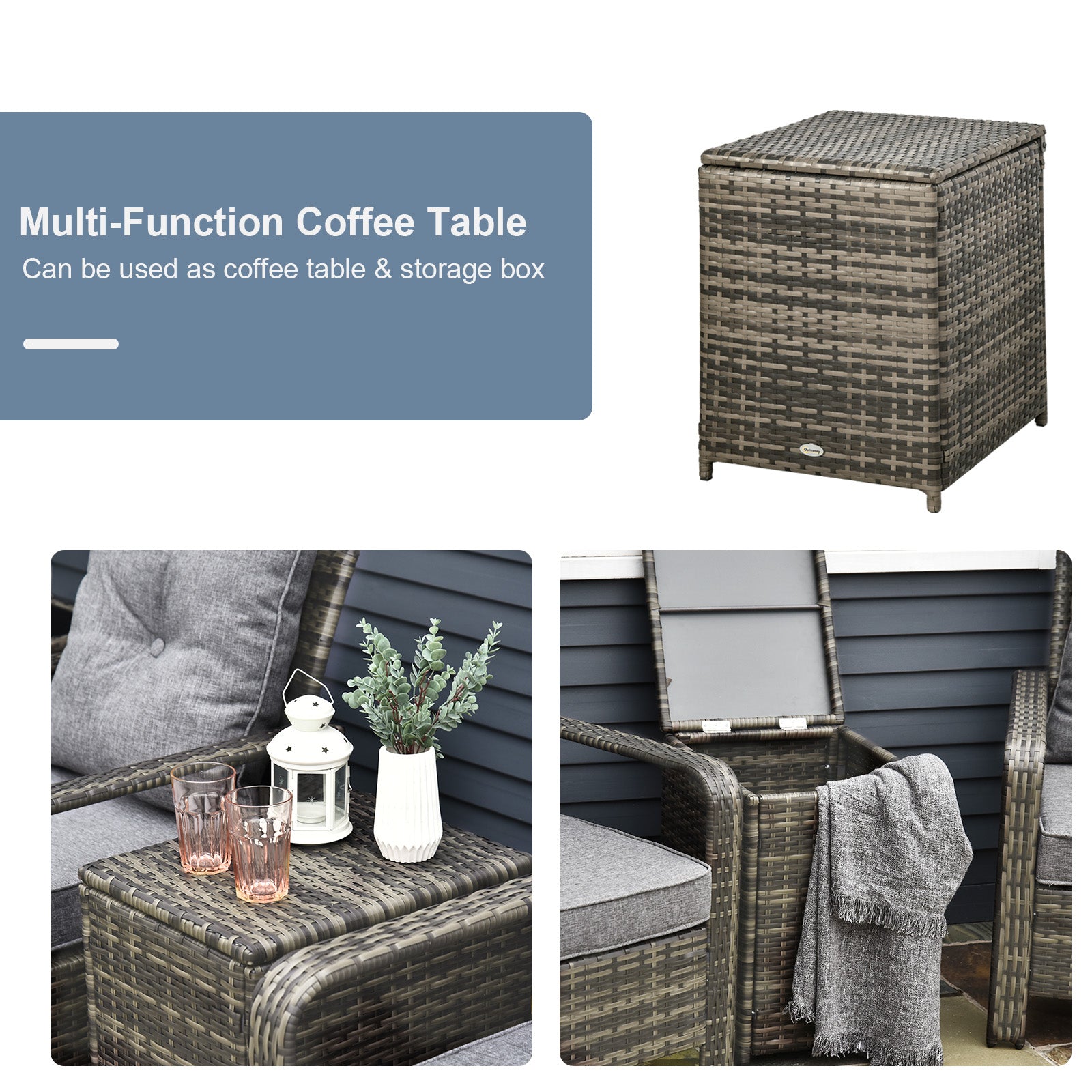 3 Piece Patio Furniture, PE Wicker Storage Table & Chairs, Gray Backyard Brillance