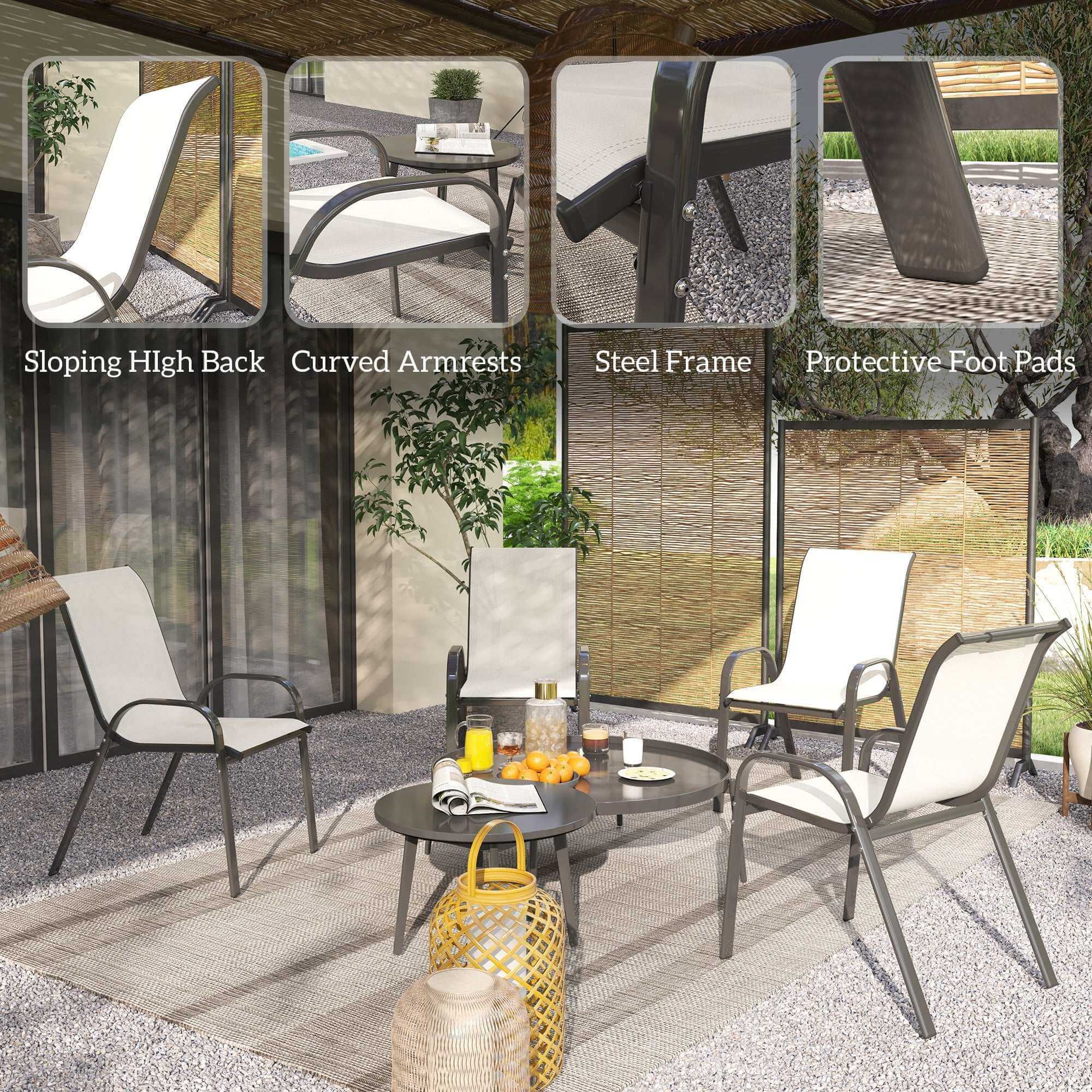 Set Of 4 Outdoor Dining Chairs, Stackable Patio Chairs With High Back, Breathable Mesh Seat For Garden Lawn, Beige Backyard Brillance