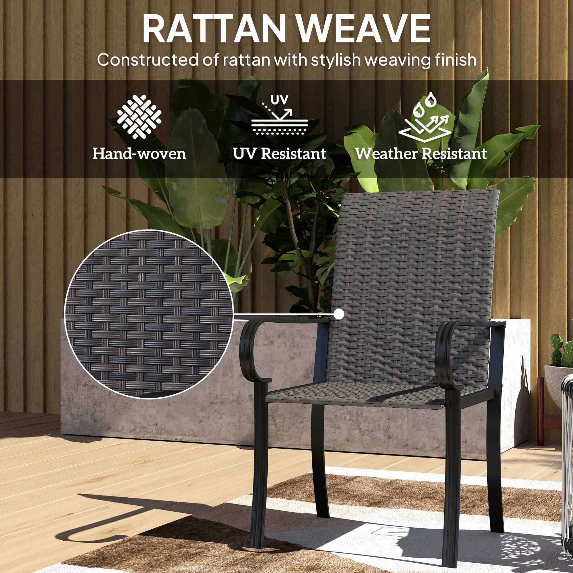 Set of 4 brown outdoor wicker dining chairs with high back and armrests, steel frame.